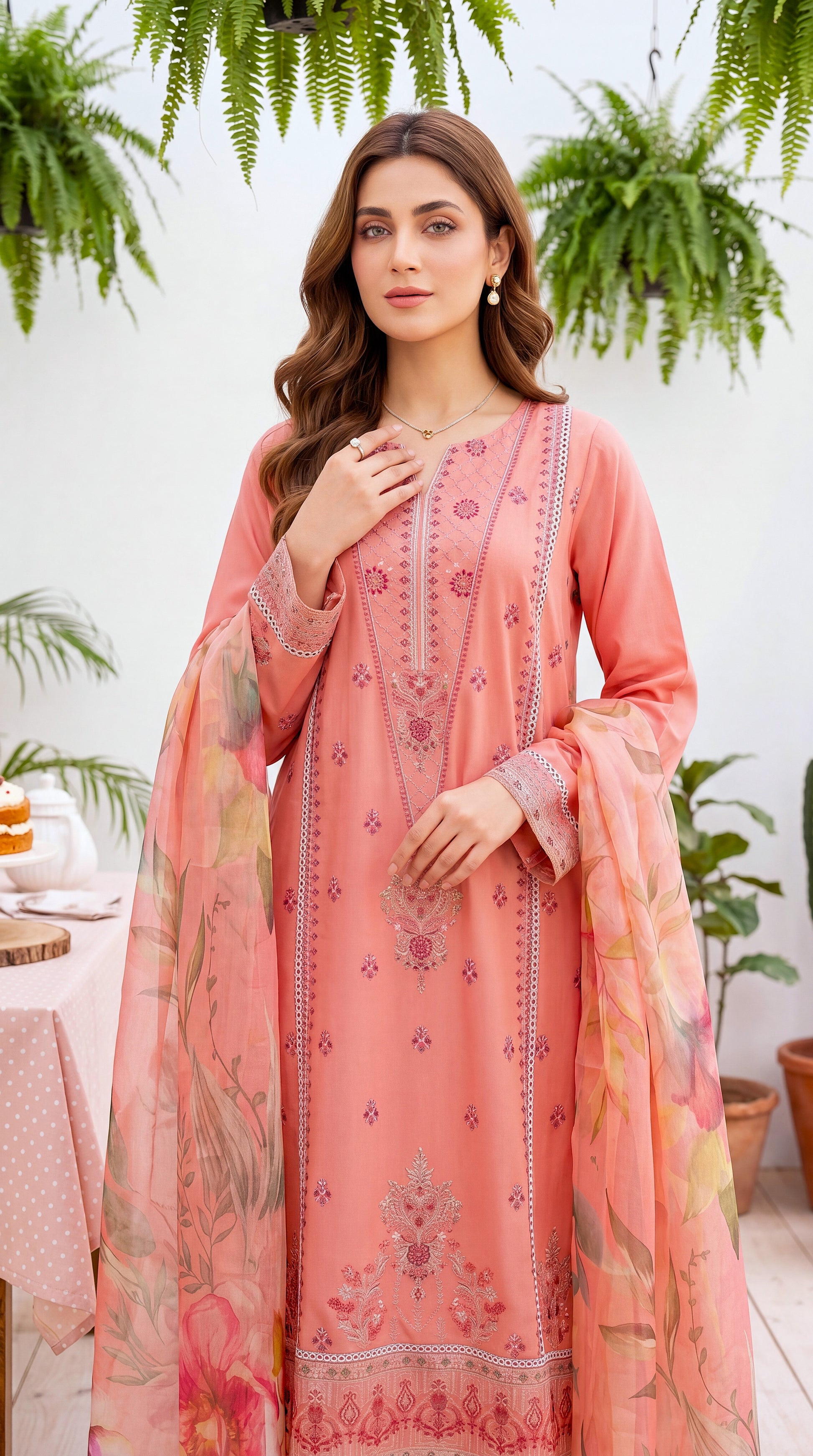 Women's Pret Wear PE01070 Peach Embroidered Floral Organza Dupatta BABY PINK / SML