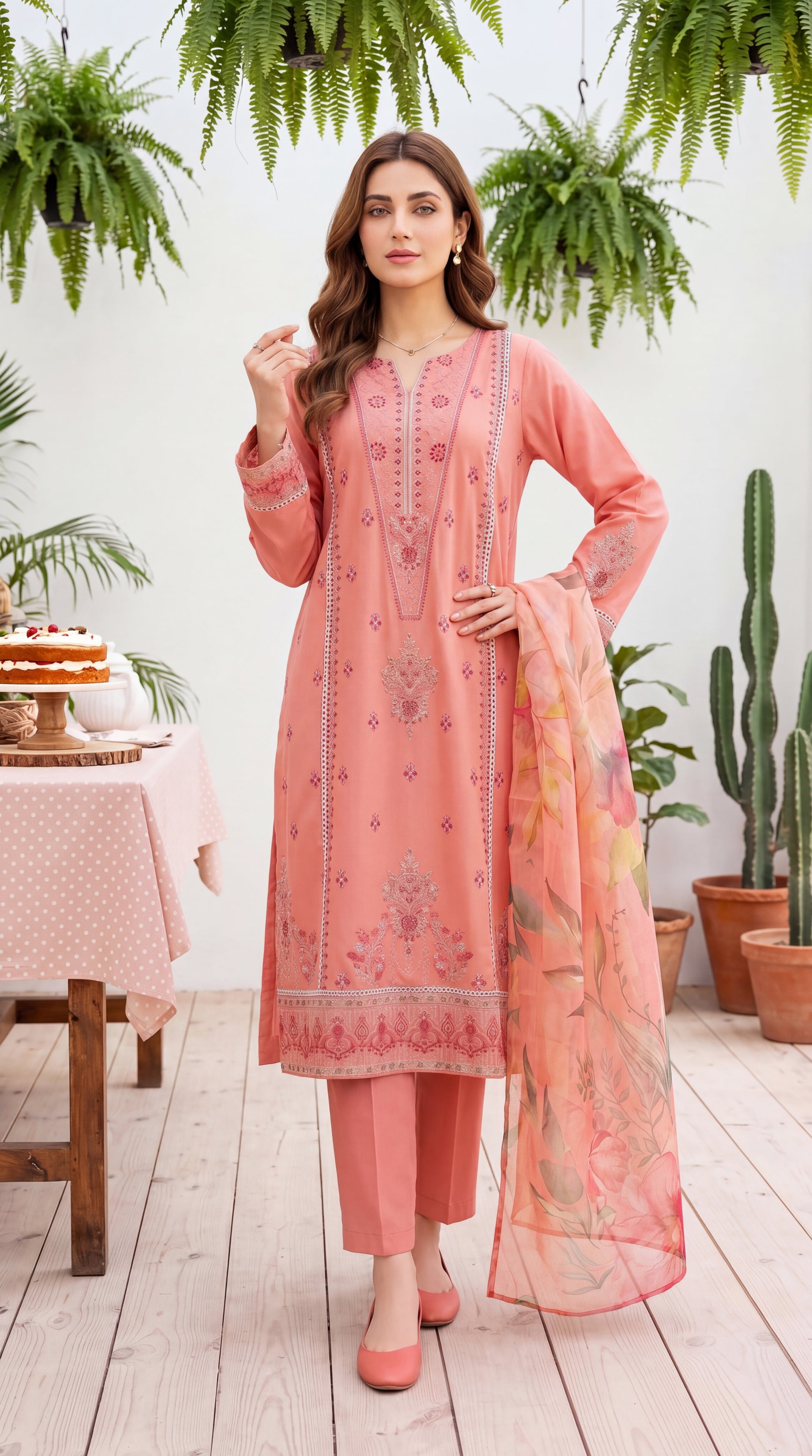 Women's Pret Wear PE01070 Peach Embroidered Floral Organza Dupatta BABY PINK / SML