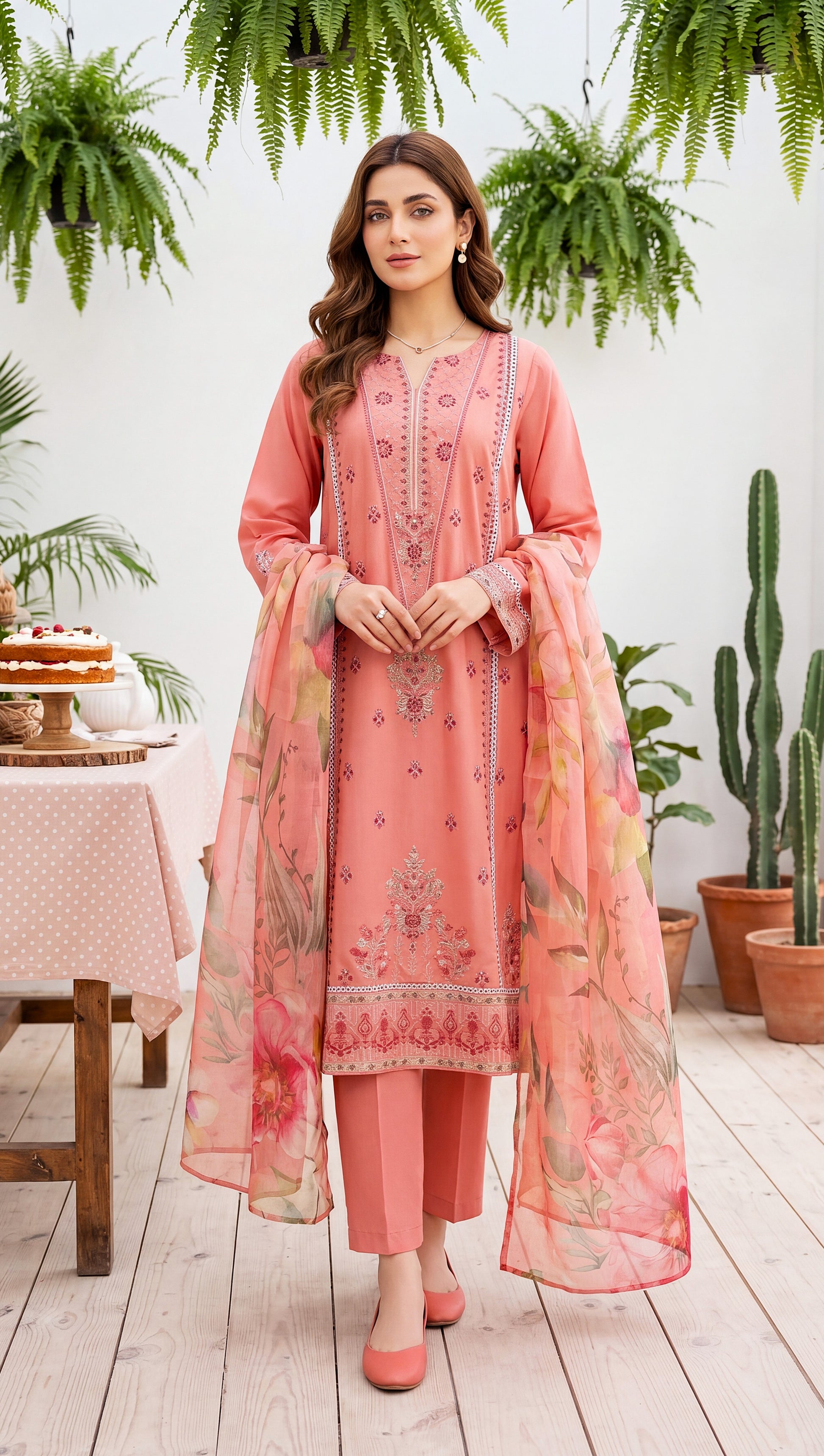 Women's Pret Wear PE01070 Peach Embroidered Floral Organza Dupatta BABY PINK / SML