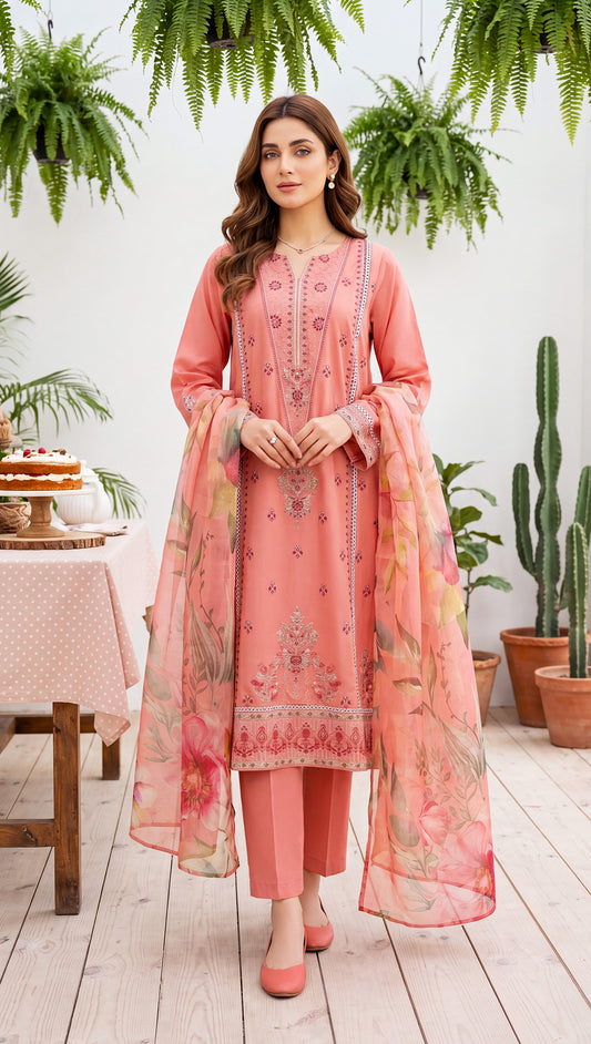 Women's Pret Wear PE01070 Peach Embroidered Floral Organza Dupatta BABY PINK / SML