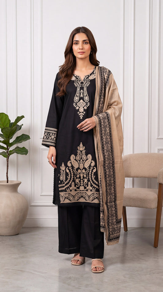 Women's Pret Wear PE01084 Red Paisley Floral Printed Dupatta 3 Piece BLACK / SML