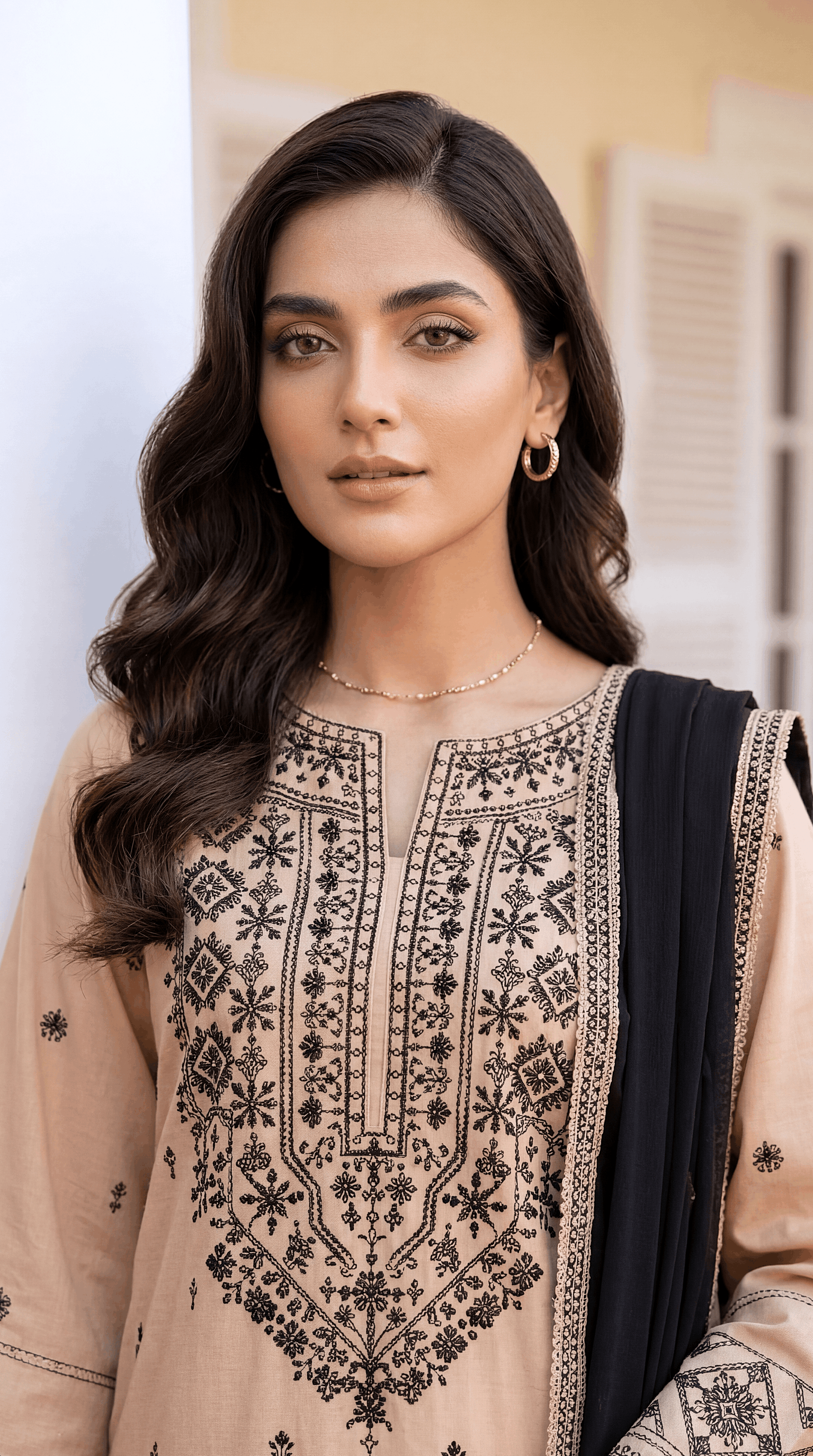 Ladies Suit PE01085 Ethnic Embroidery & Contrast Dupatta  3 Piece BAGE / SML