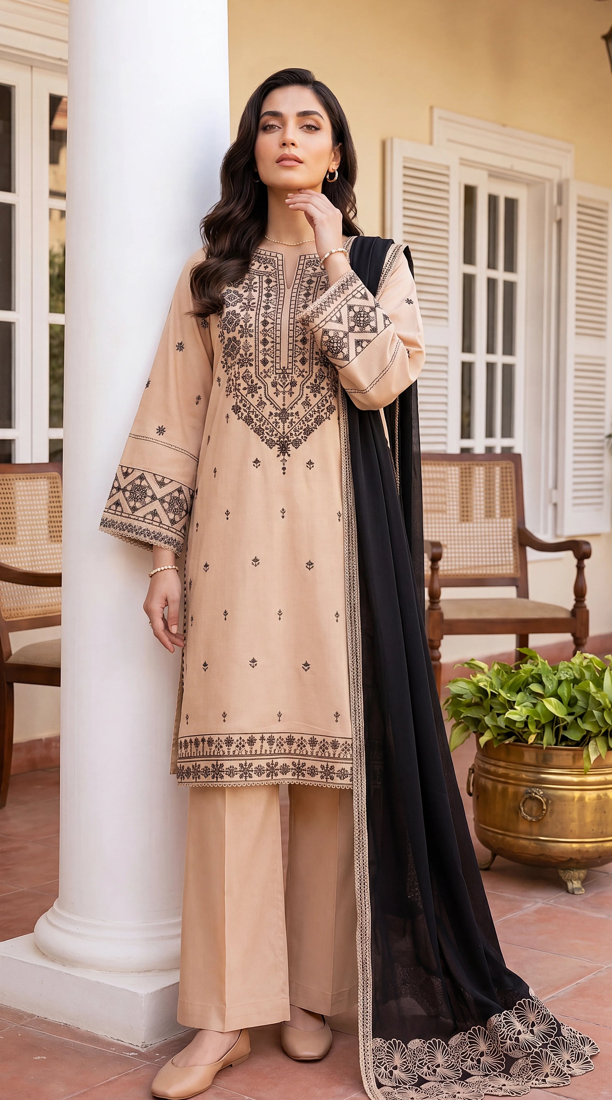 Ladies Suit PE01085 Ethnic Embroidery & Contrast Dupatta  3 Piece BAGE / SML