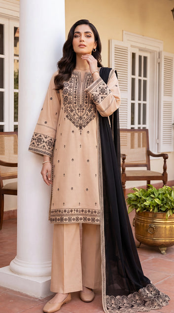 Ladies Suit PE01085 Ethnic Embroidery & Contrast Dupatta  3 Piece BAGE / SML