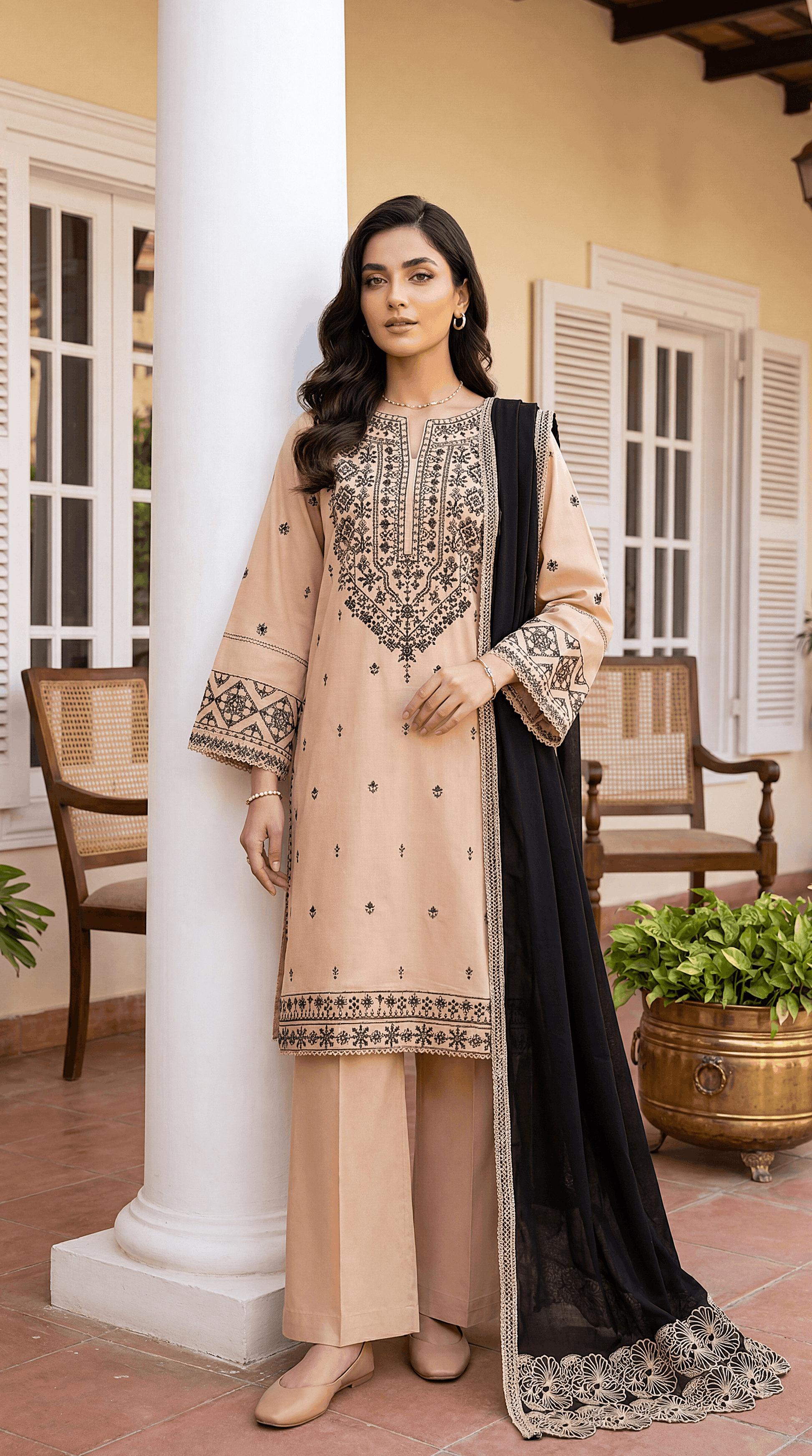 Ladies Suit PE01085 Ethnic Embroidery & Contrast Dupatta  3 Piece BAGE / SML