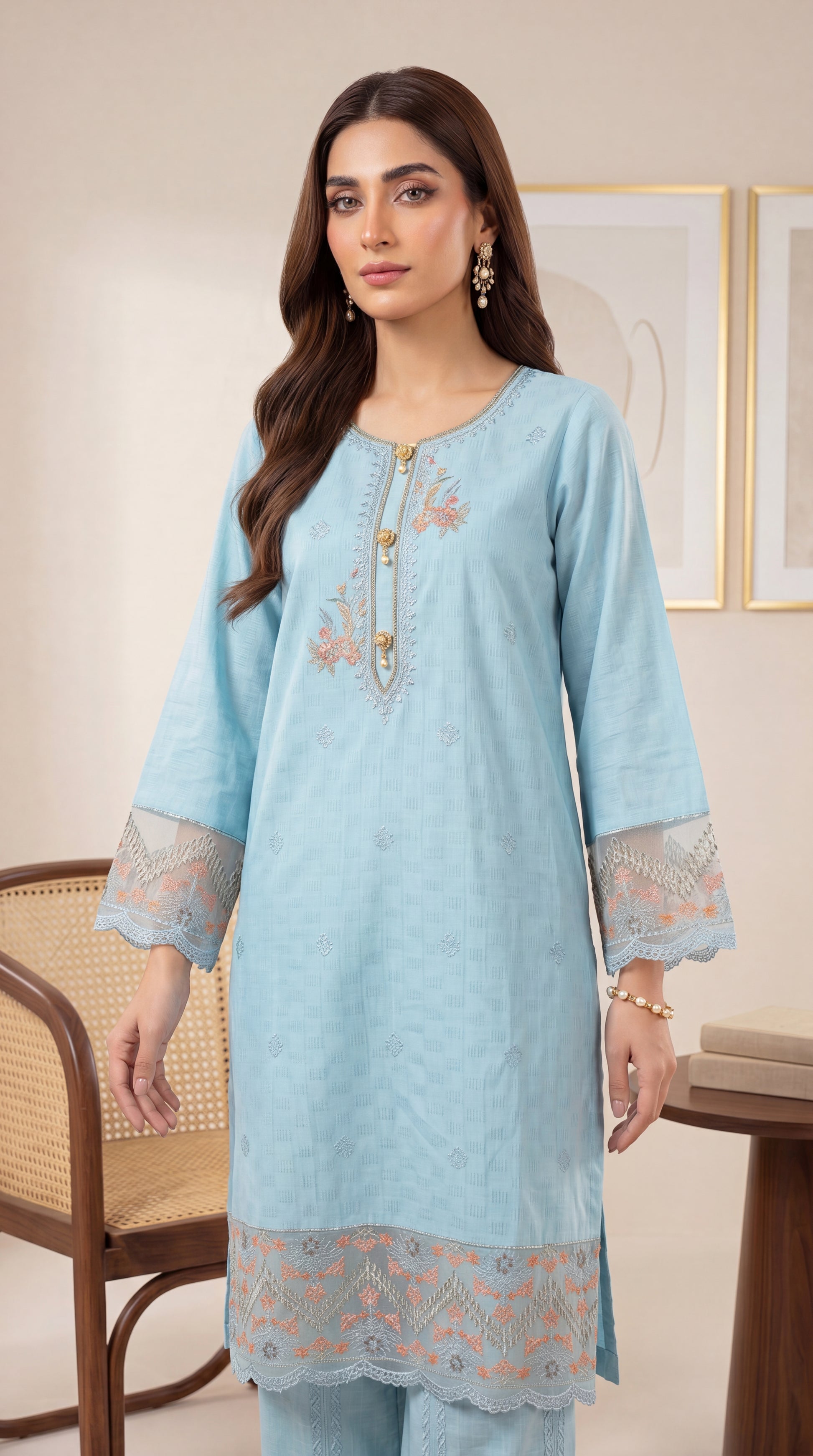 Women's Embroidered Kurta PE01088 | Pastel Threadwork & Lace Sleeves | 2 Piece | Textured Lawn FEROOZY / SML