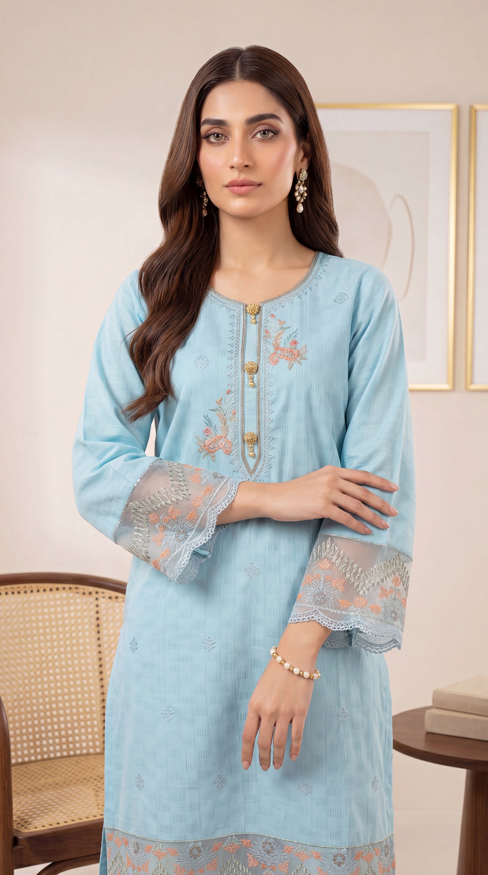 Women's Embroidered Kurta PE01088 | Pastel Threadwork & Lace Sleeves | 2 Piece | Textured Lawn FEROOZY / SML