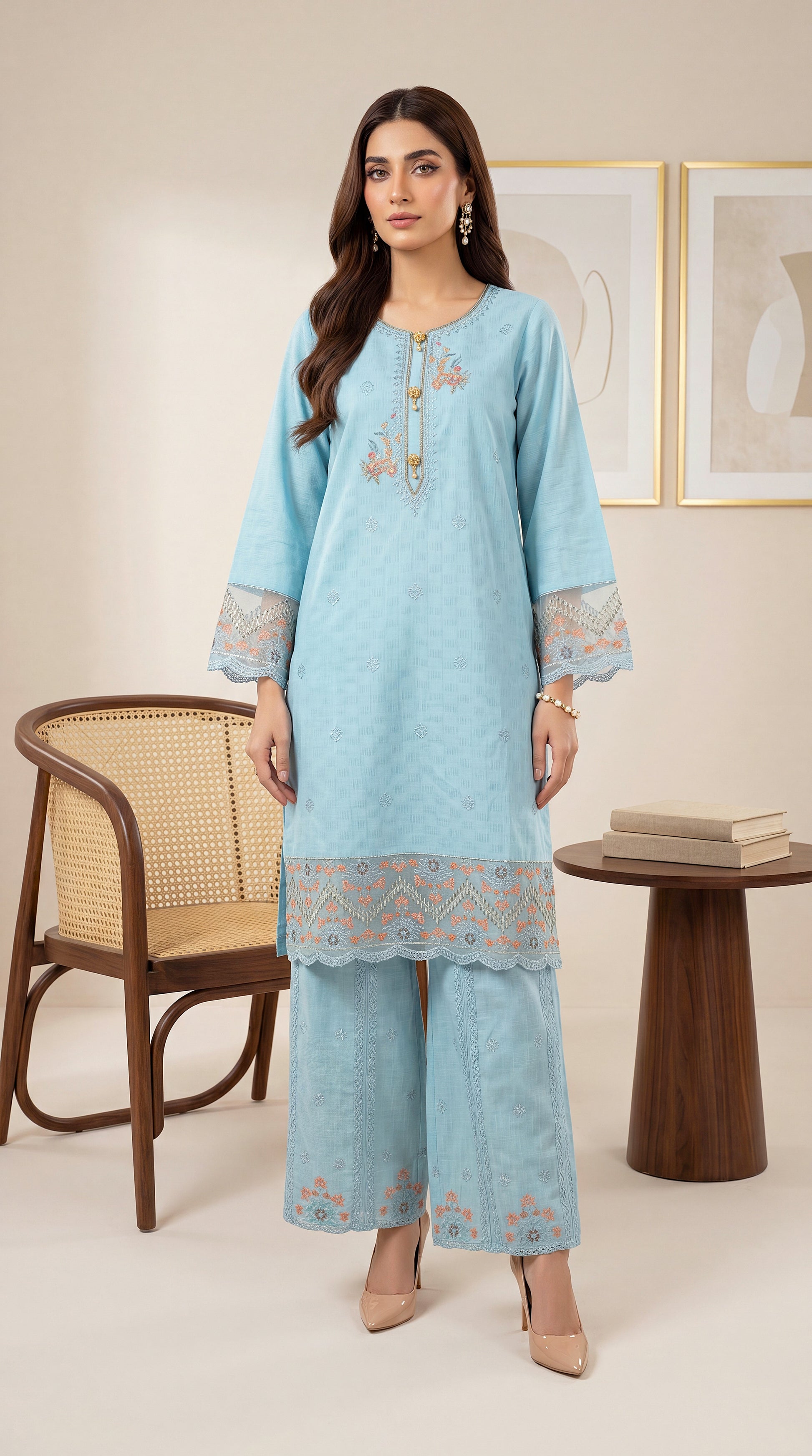 Women's Embroidered Kurta PE01088 | Pastel Threadwork & Lace Sleeves | 2 Piece | Textured Lawn FEROOZY / SML