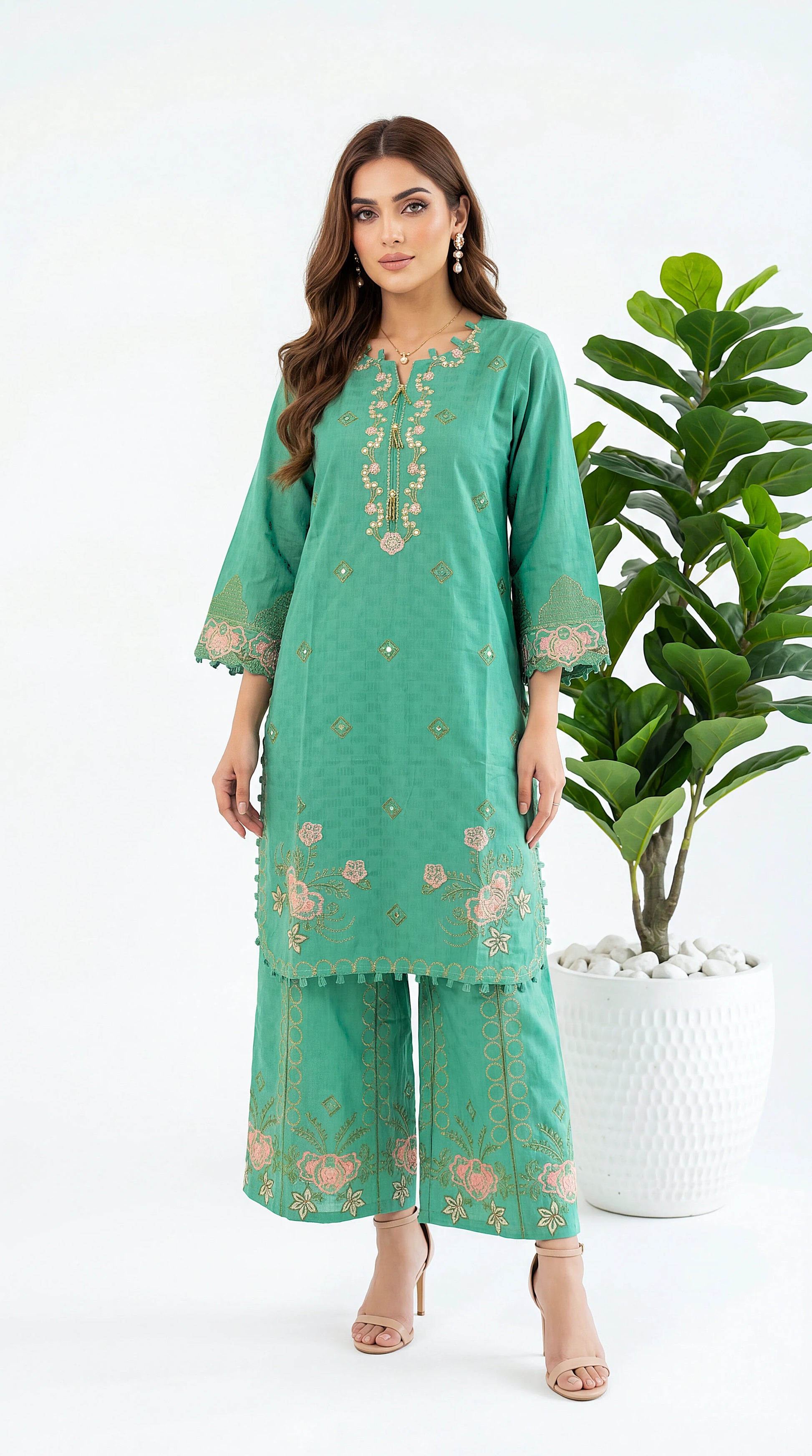 Women's Pret Wear PE01089 Sea Green Floral Embroidered 2-Piece GREEN / SML