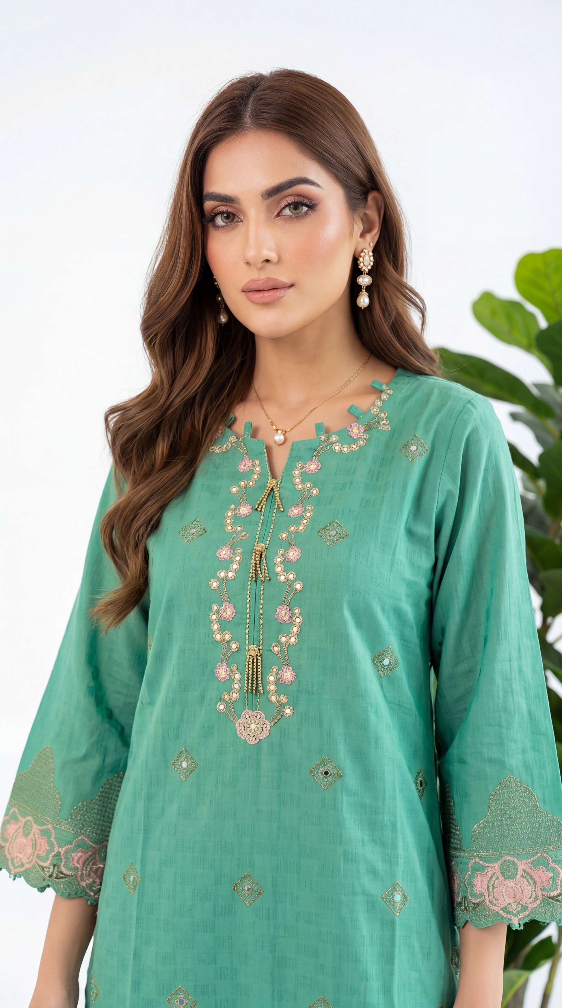 Women's Pret Wear PE01089 Sea Green Floral Embroidered 2-Piece GREEN / SML