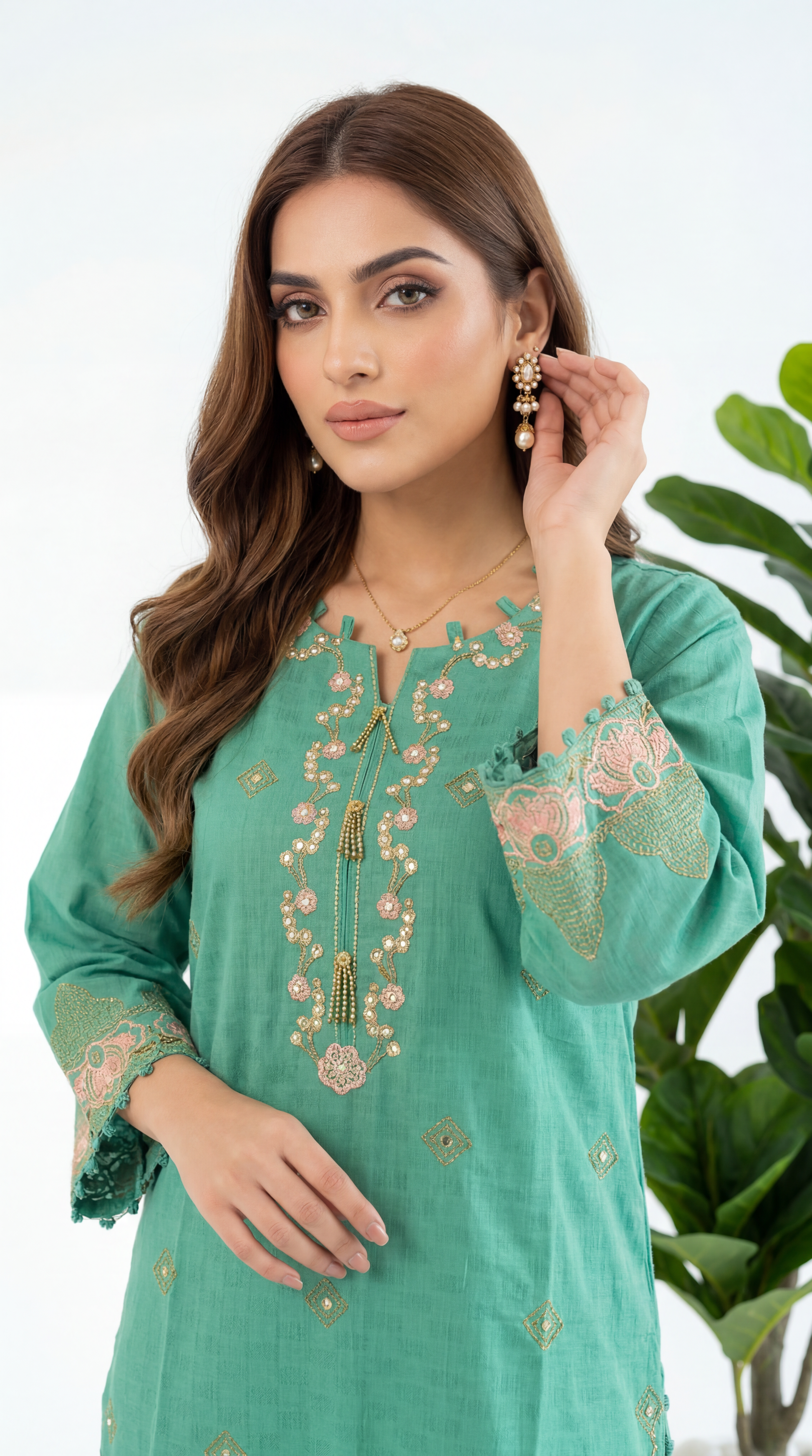 Women's Pret Wear PE01089 Sea Green Floral Embroidered 2-Piece GREEN / SML
