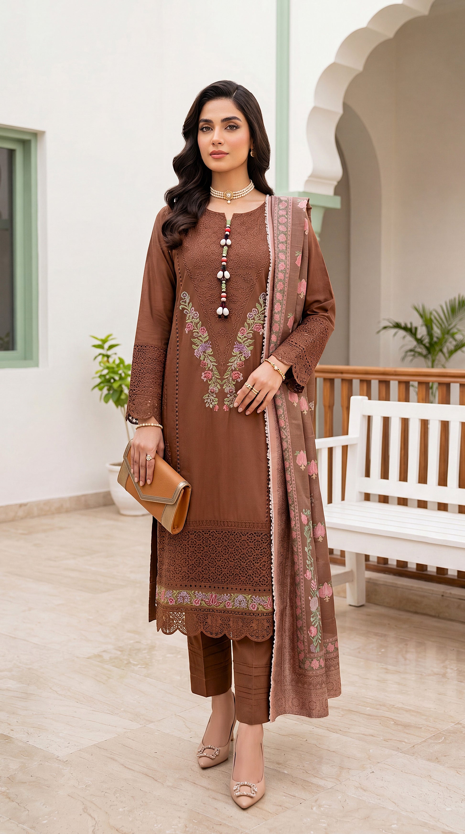 Women's Embroidered Brown Suit PE01090 | Floral Motif Detail & Printed Shawl Dupatta | 3 Piece | Premium Khaddar BROWN / SML