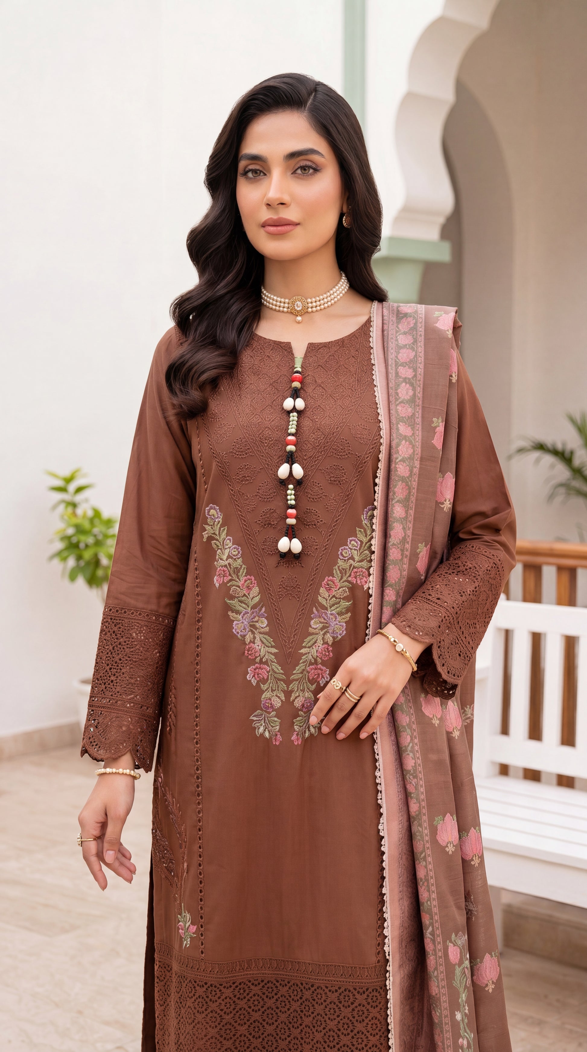 Women's Embroidered Brown Suit PE01090 | Floral Motif Detail & Printed Shawl Dupatta | 3 Piece | Premium Khaddar BROWN / SML