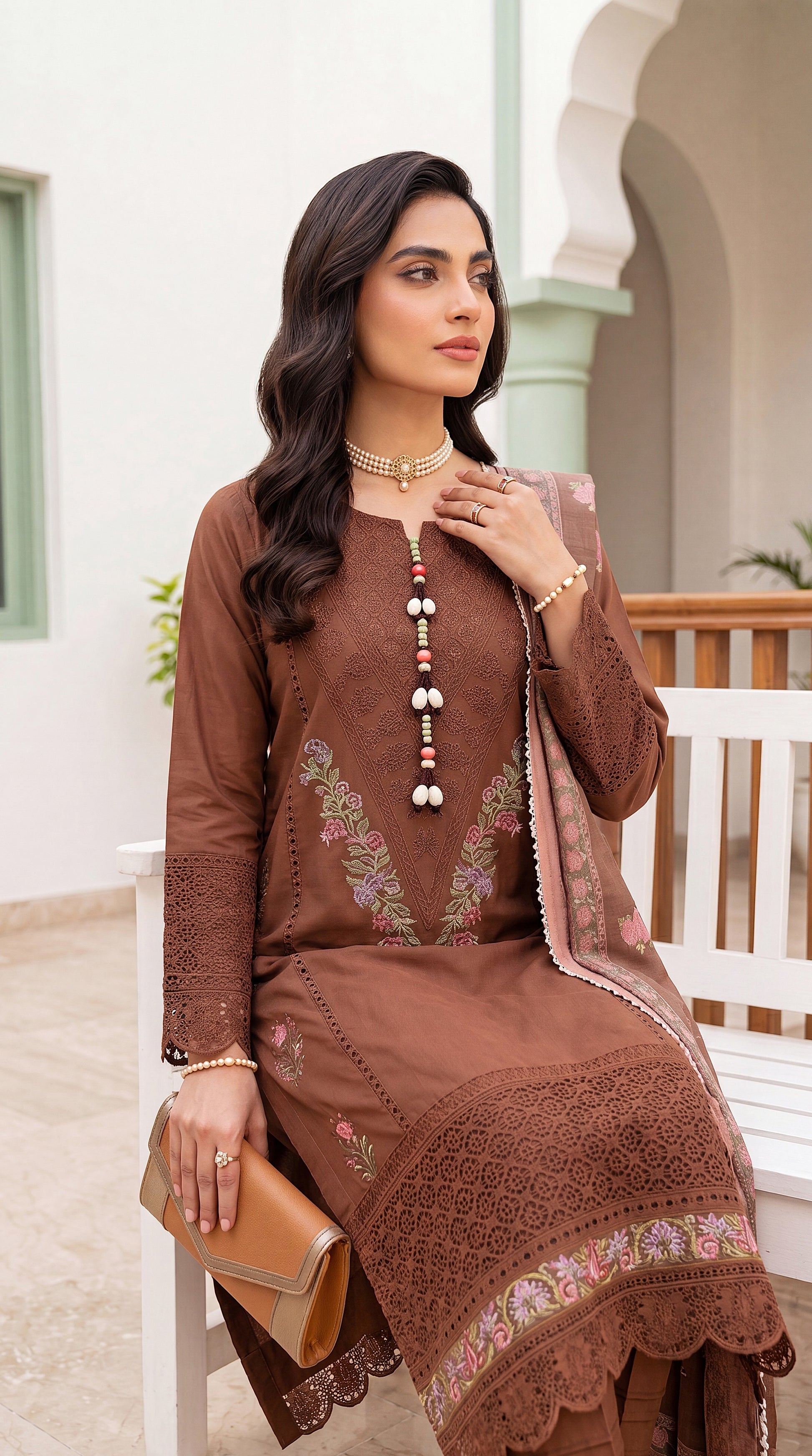 Women's Embroidered Brown Suit PE01090 | Floral Motif Detail & Printed Shawl Dupatta | 3 Piece | Premium Khaddar BROWN / SML