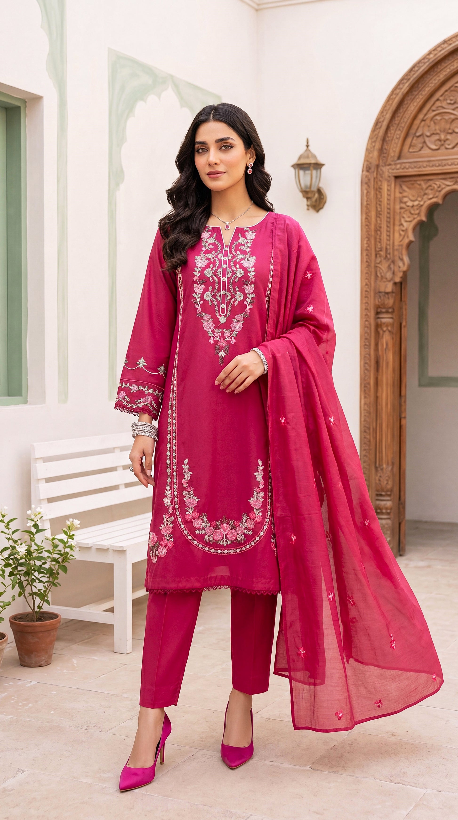 Women's Luxury Maroon Suit PE01091 | Silver Embroidery & Festive Borders | 3 Piece | Silk Blend MEHROON / SML