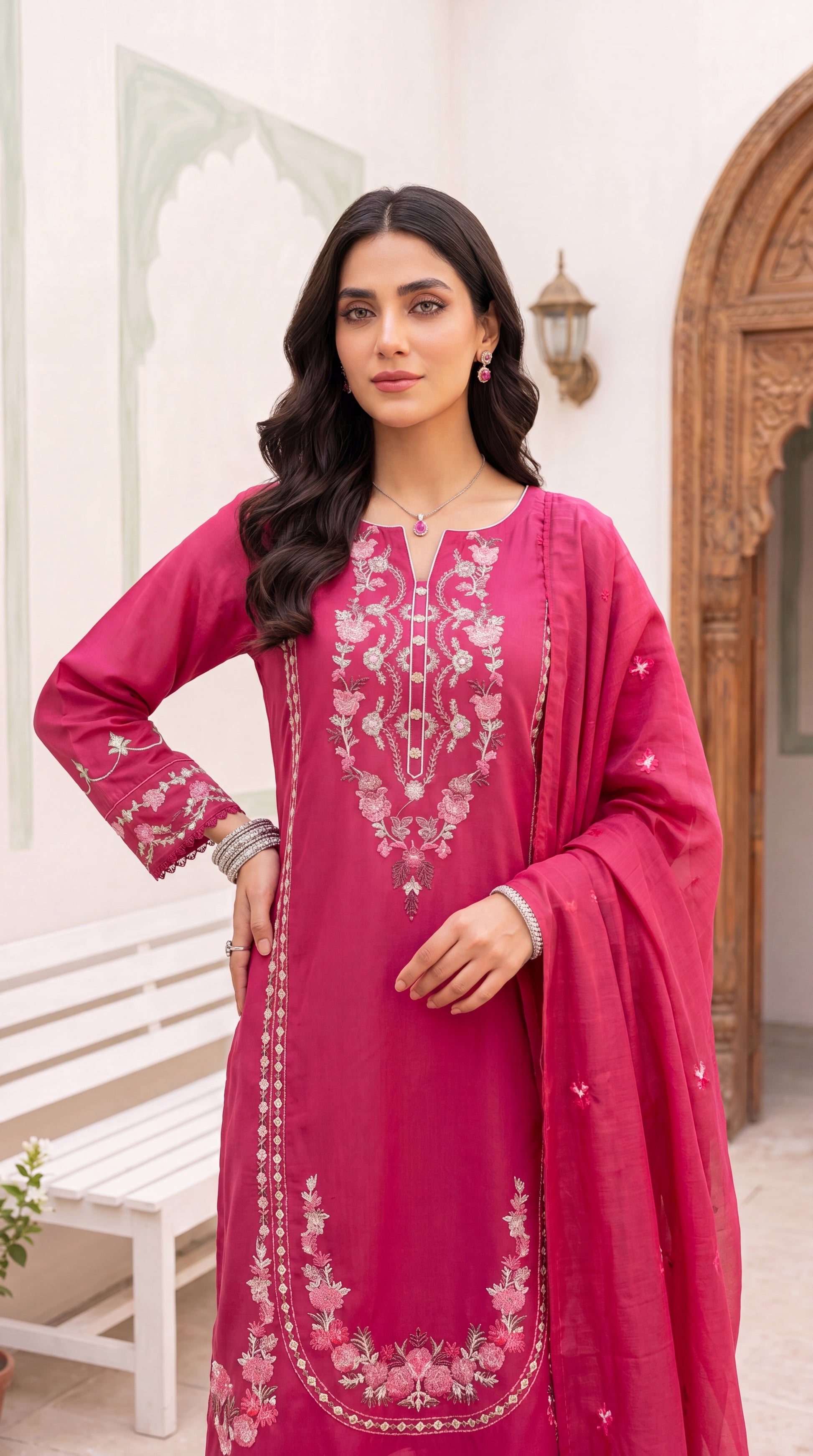 Women's Luxury Maroon Suit PE01091 | Silver Embroidery & Festive Borders | 3 Piece | Silk Blend MEHROON / SML