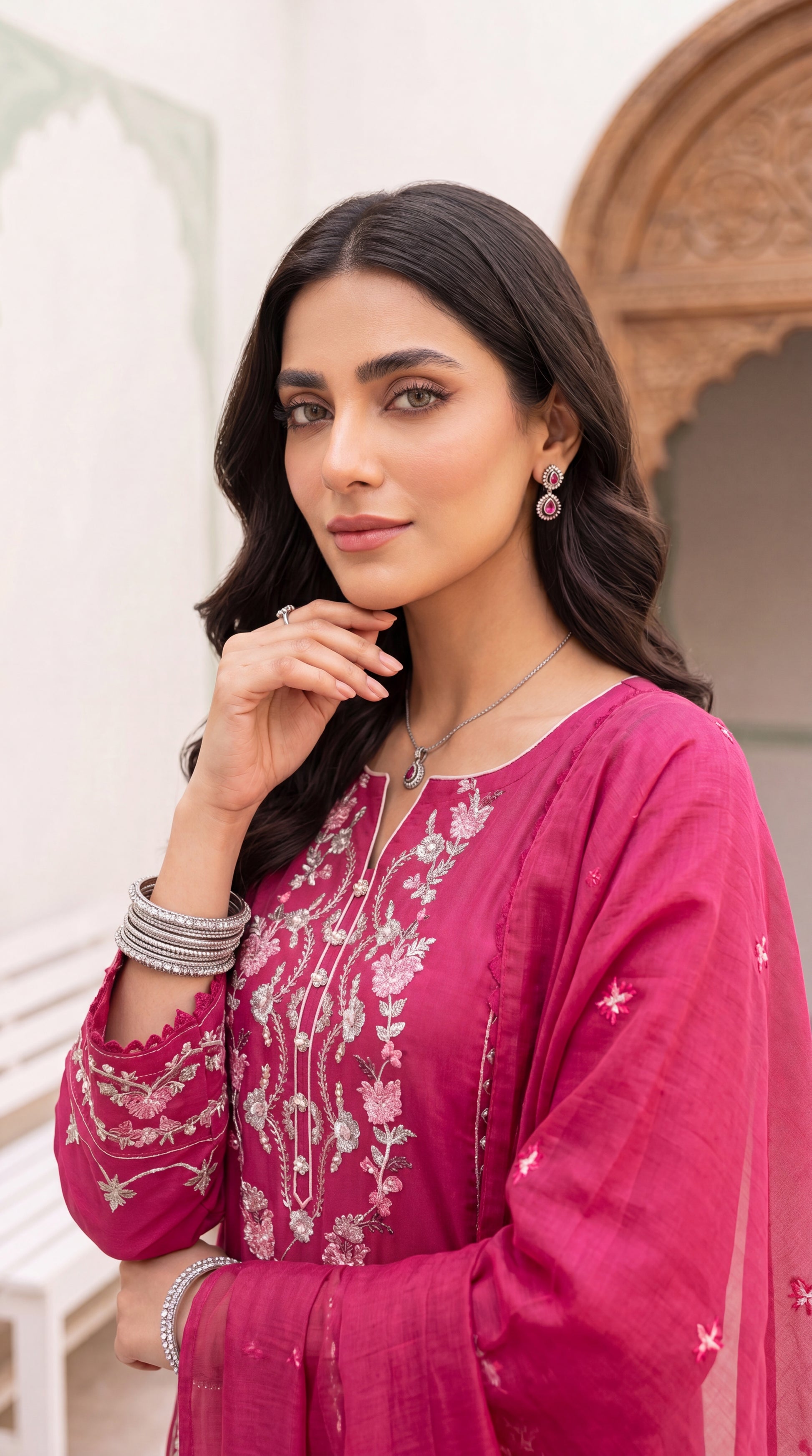 Women's Luxury Maroon Suit PE01091 | Silver Embroidery & Festive Borders | 3 Piece | Silk Blend MEHROON / SML