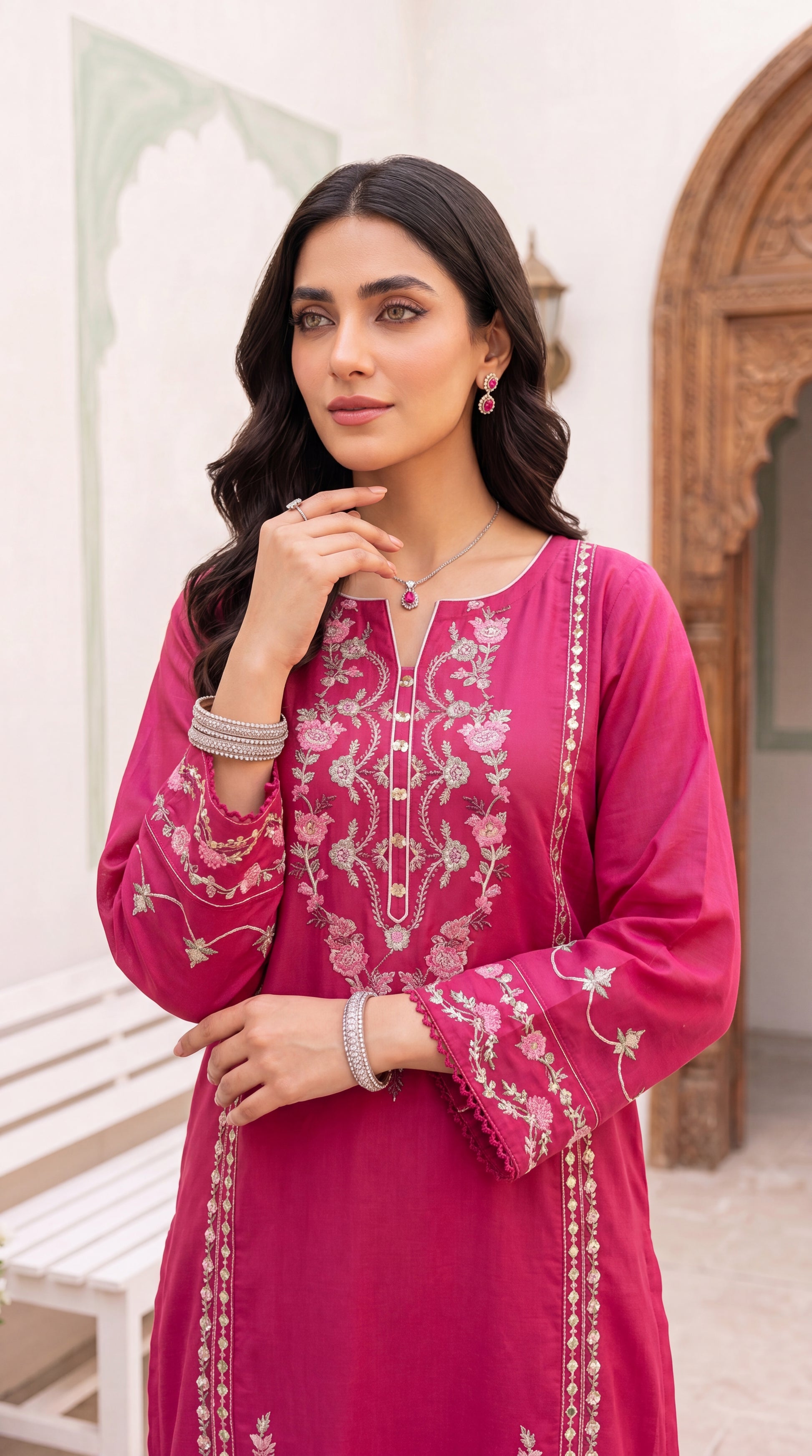 Women's Luxury Maroon Suit PE01091 | Silver Embroidery & Festive Borders | 3 Piece | Silk Blend MEHROON / SML