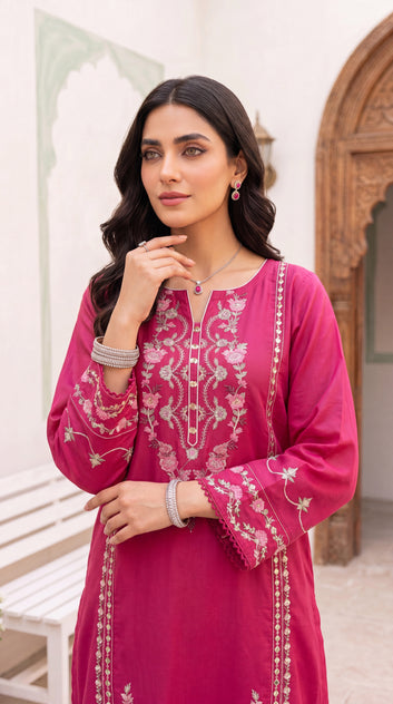 Women's Luxury Maroon Suit PE01091 | Silver Embroidery & Festive Borders | 3 Piece | Silk Blend MEHROON / SML