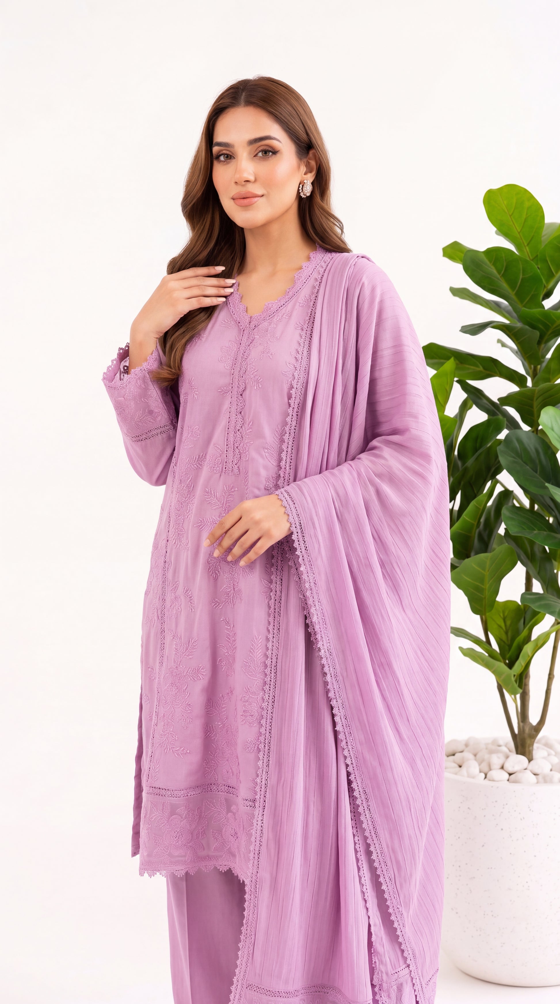 Women's Embroidered Suit PL00994 Floral Vine Embroidery Dupatta Set 3 Piece PURPLE / SML