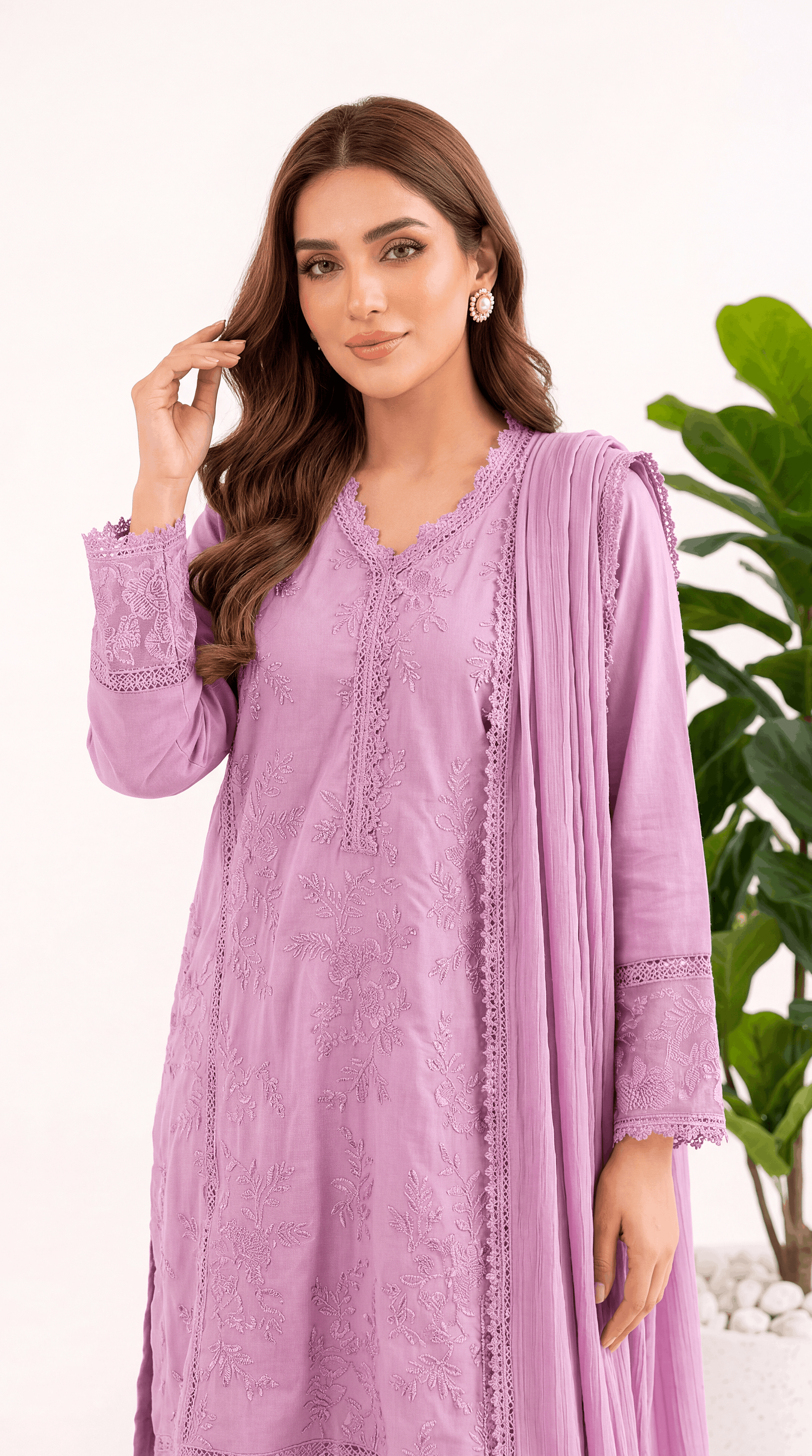 Women's Embroidered Suit PL00994 Floral Vine Embroidery Dupatta Set 3 Piece PURPLE / SML