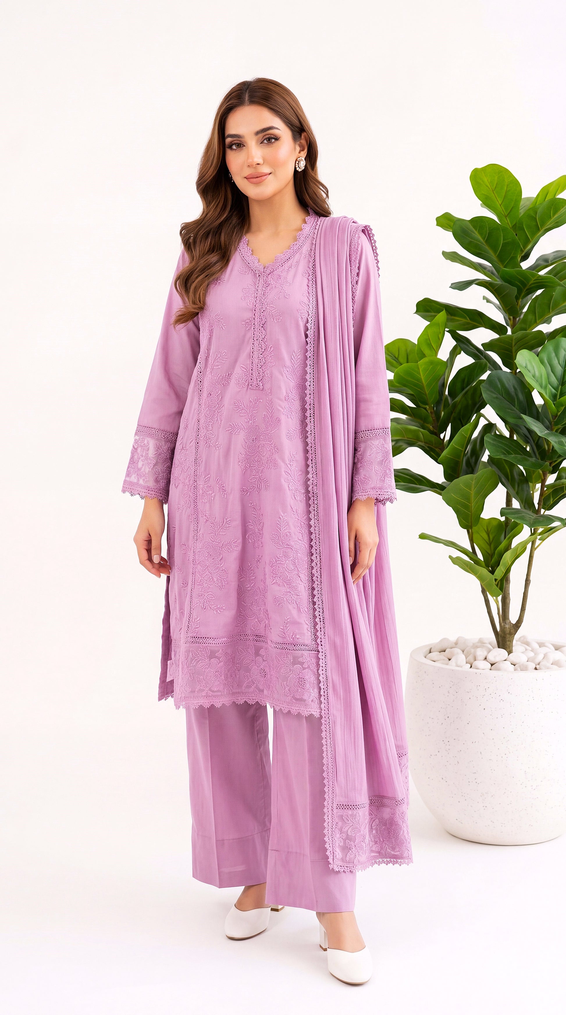 Women's Embroidered Suit PL00994 Floral Vine Embroidery Dupatta Set 3 Piece PURPLE / SML