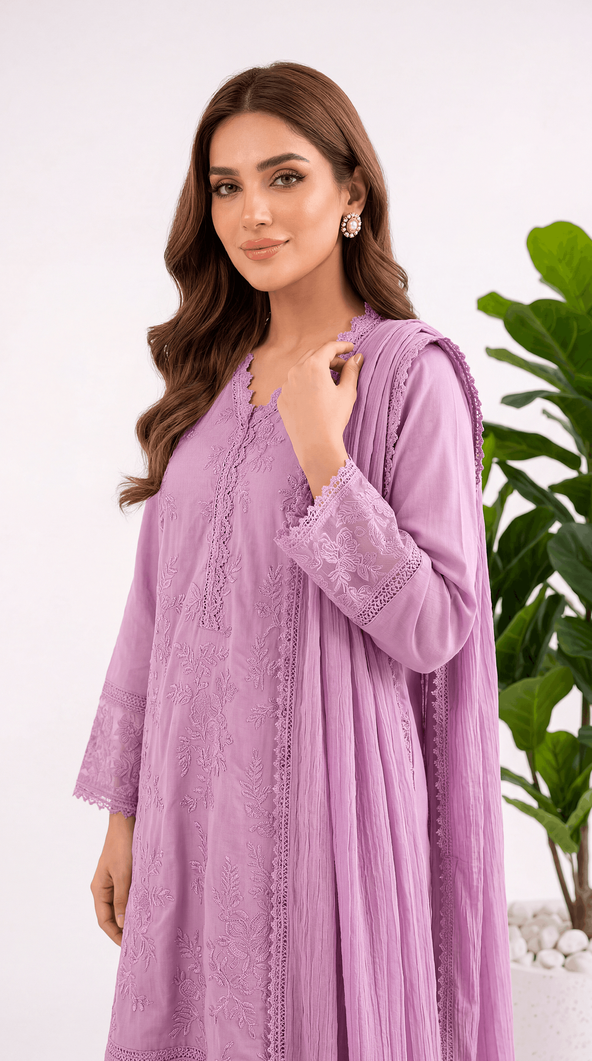 Women's Embroidered Suit PL00994 Floral Vine Embroidery Dupatta Set 3 Piece PURPLE / SML