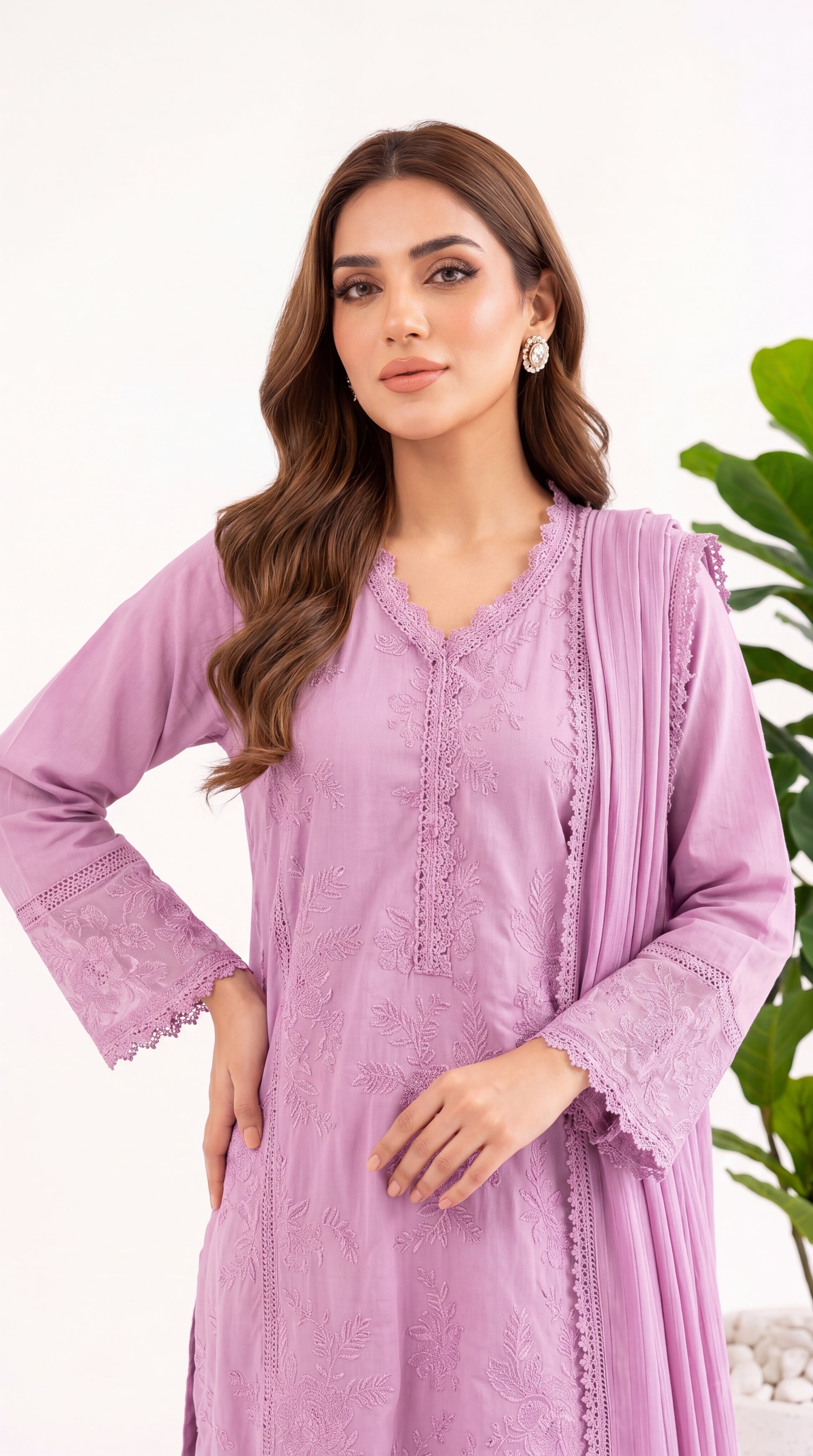 Women's Embroidered Suit PL00994 Floral Vine Embroidery Dupatta Set 3 Piece PURPLE / SML
