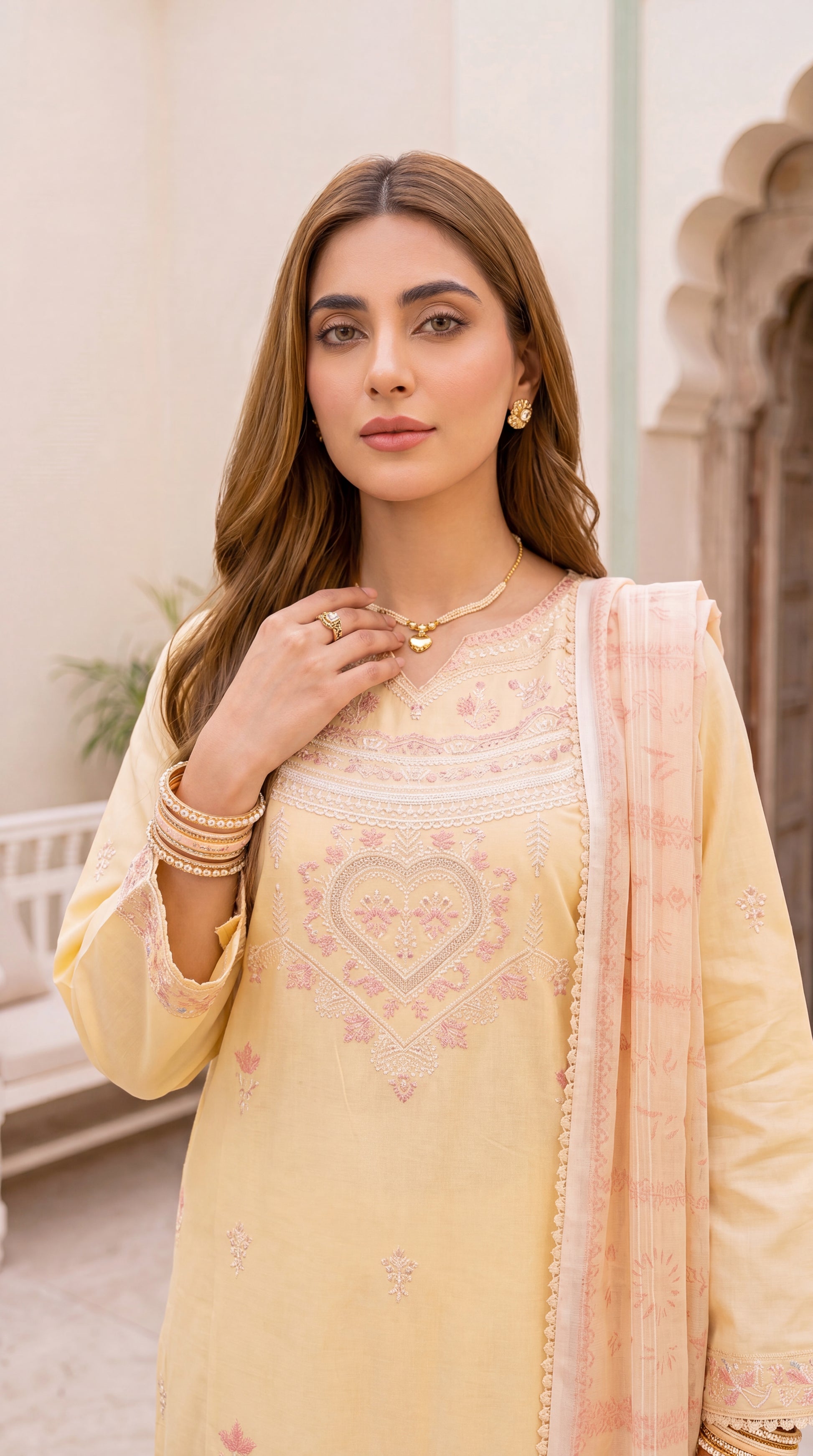 Women's Pastel Yellow Suit PE01100 | Delicate Embroidery & Soft Printed Dupatta | 3 Piece | Cotton Lawn YELLOW / SML