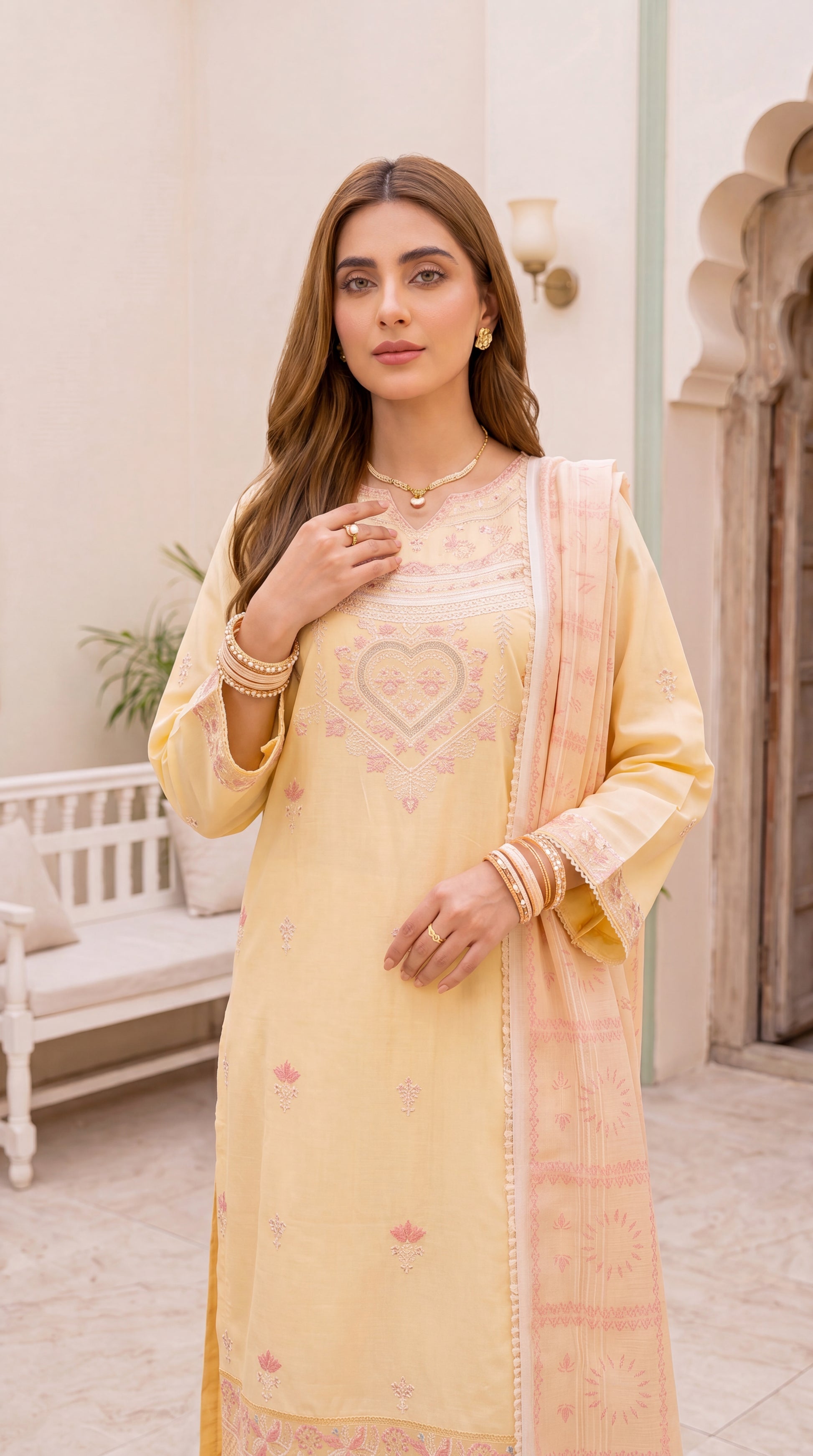 Women's Pastel Yellow Suit PE01100 | Delicate Embroidery & Soft Printed Dupatta | 3 Piece | Cotton Lawn YELLOW / SML
