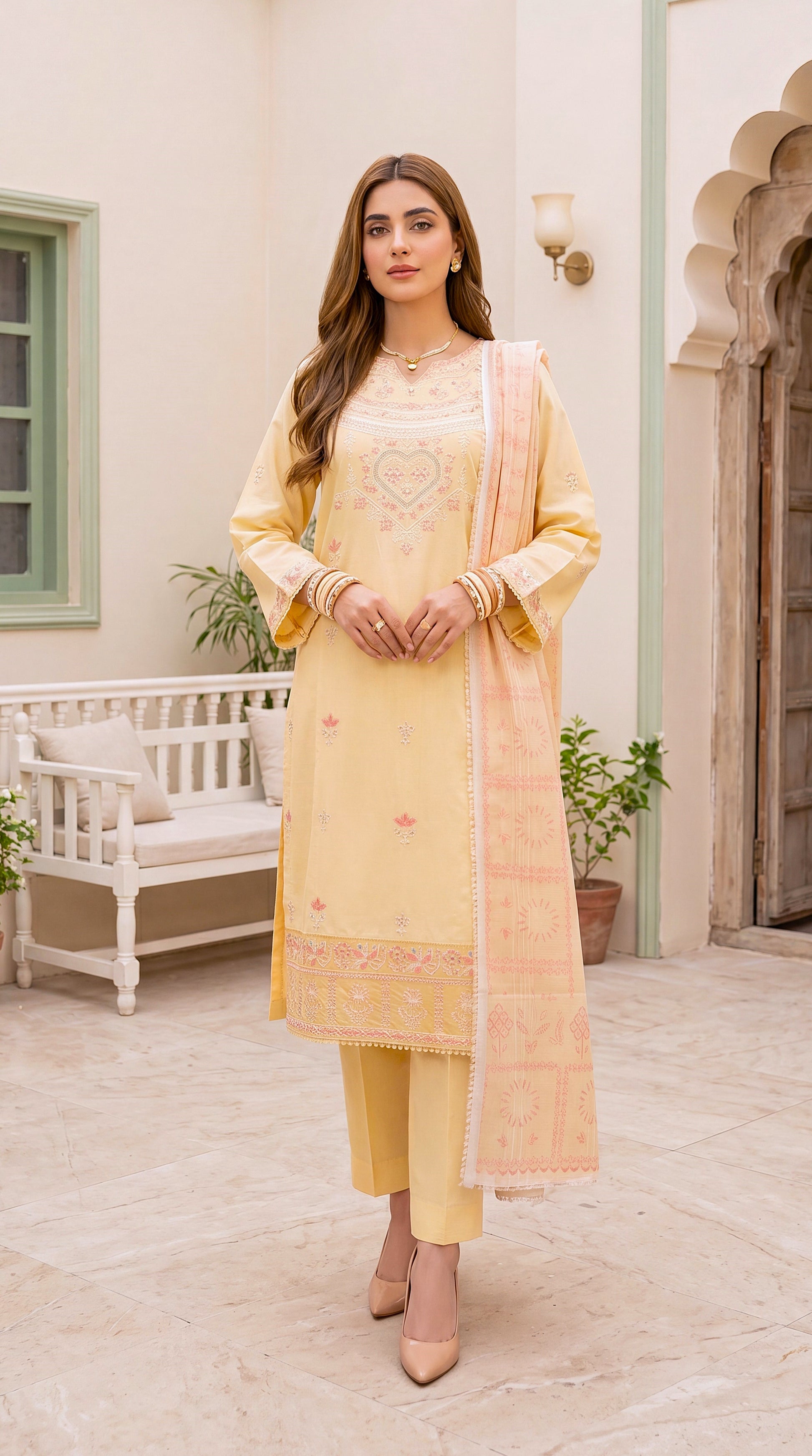 Women's Pastel Yellow Suit PE01100 | Delicate Embroidery & Soft Printed Dupatta | 3 Piece | Cotton Lawn YELLOW / SML