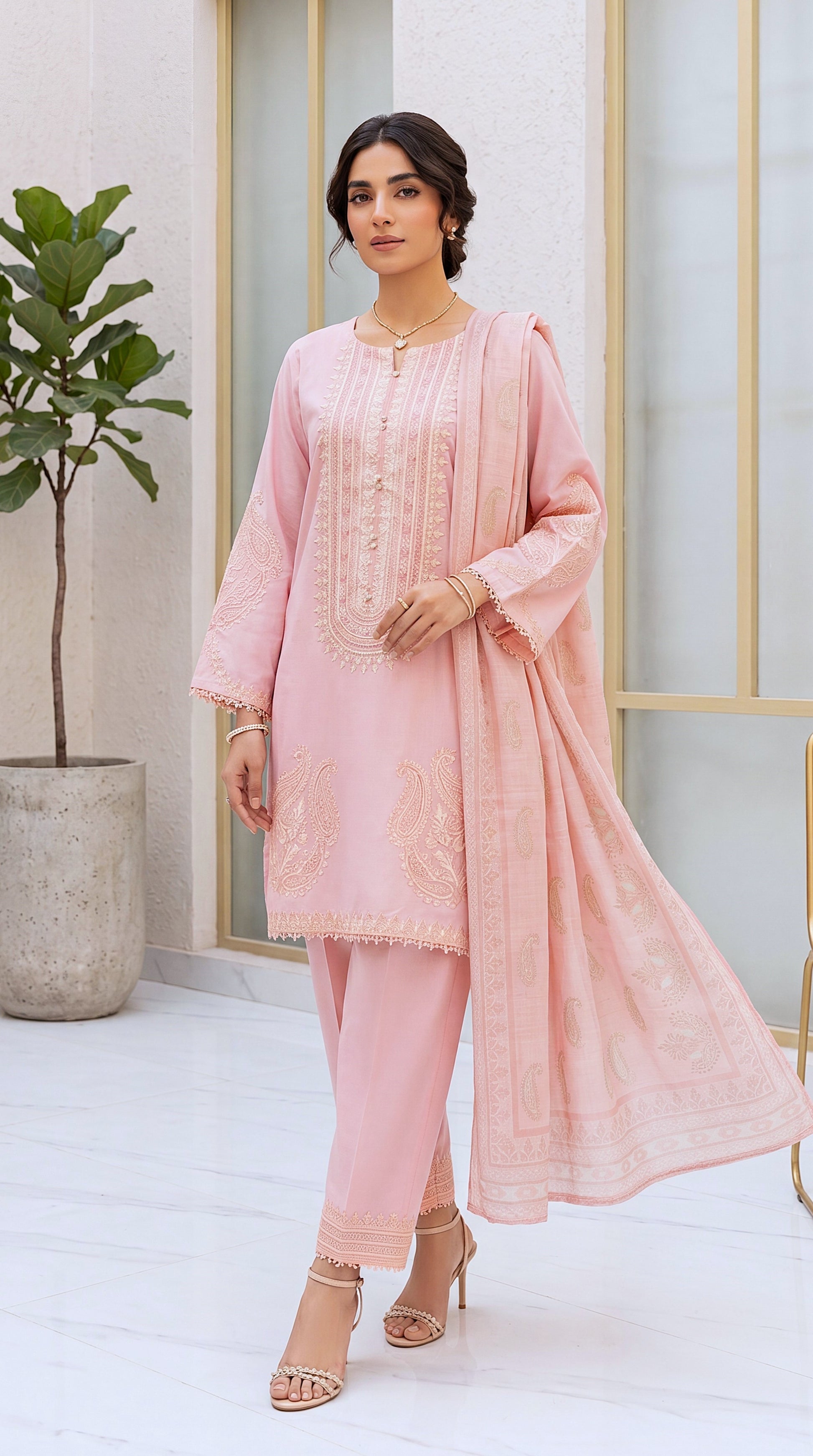 Dusty Mauve Digital Floral Print & Eid Collection 3 Piece Embroidered Suit - PE01102 PINK / SML