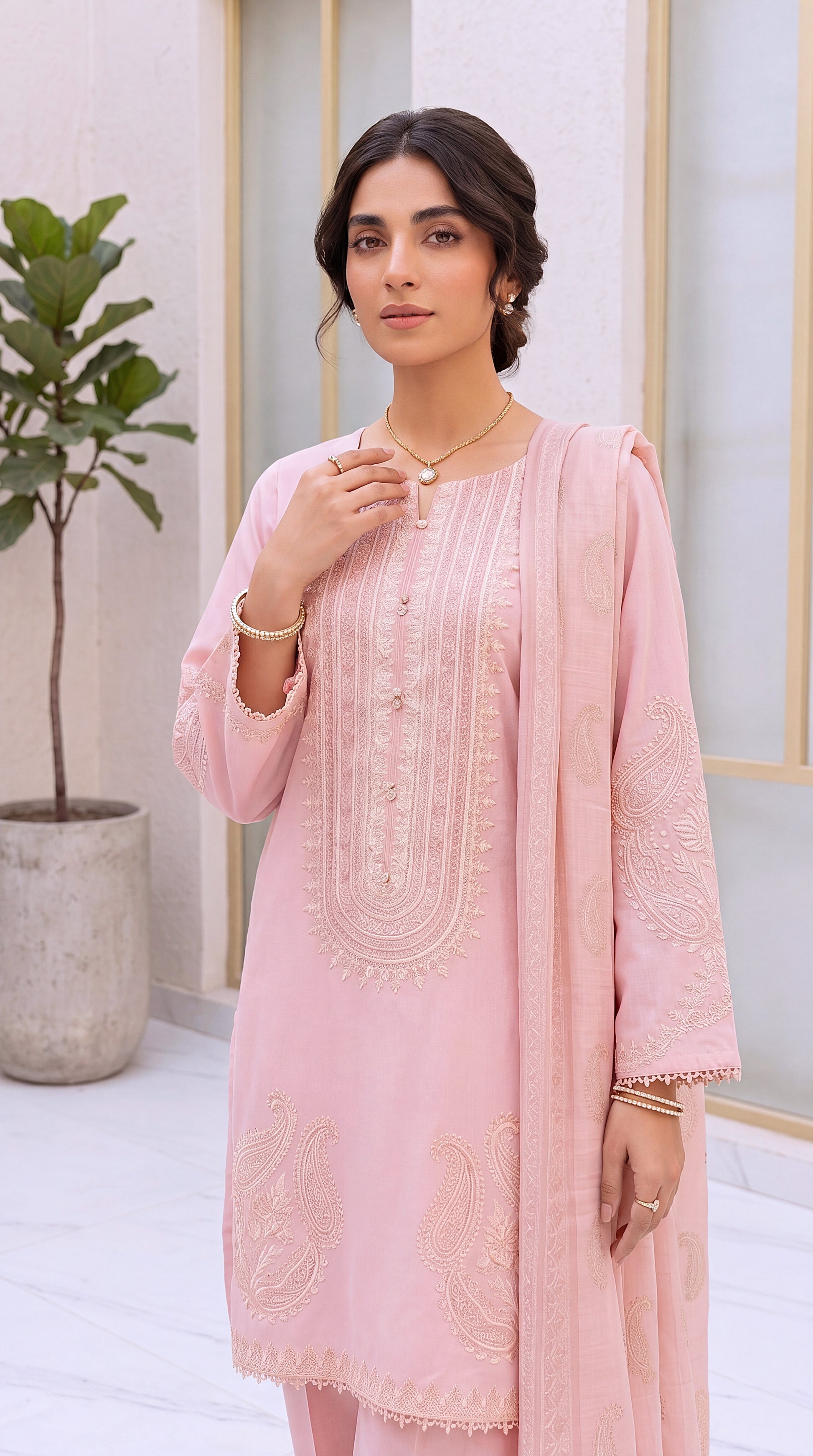 Dusty Mauve Digital Floral Print & Eid Collection 3 Piece Embroidered Suit - PE01102 PINK / SML