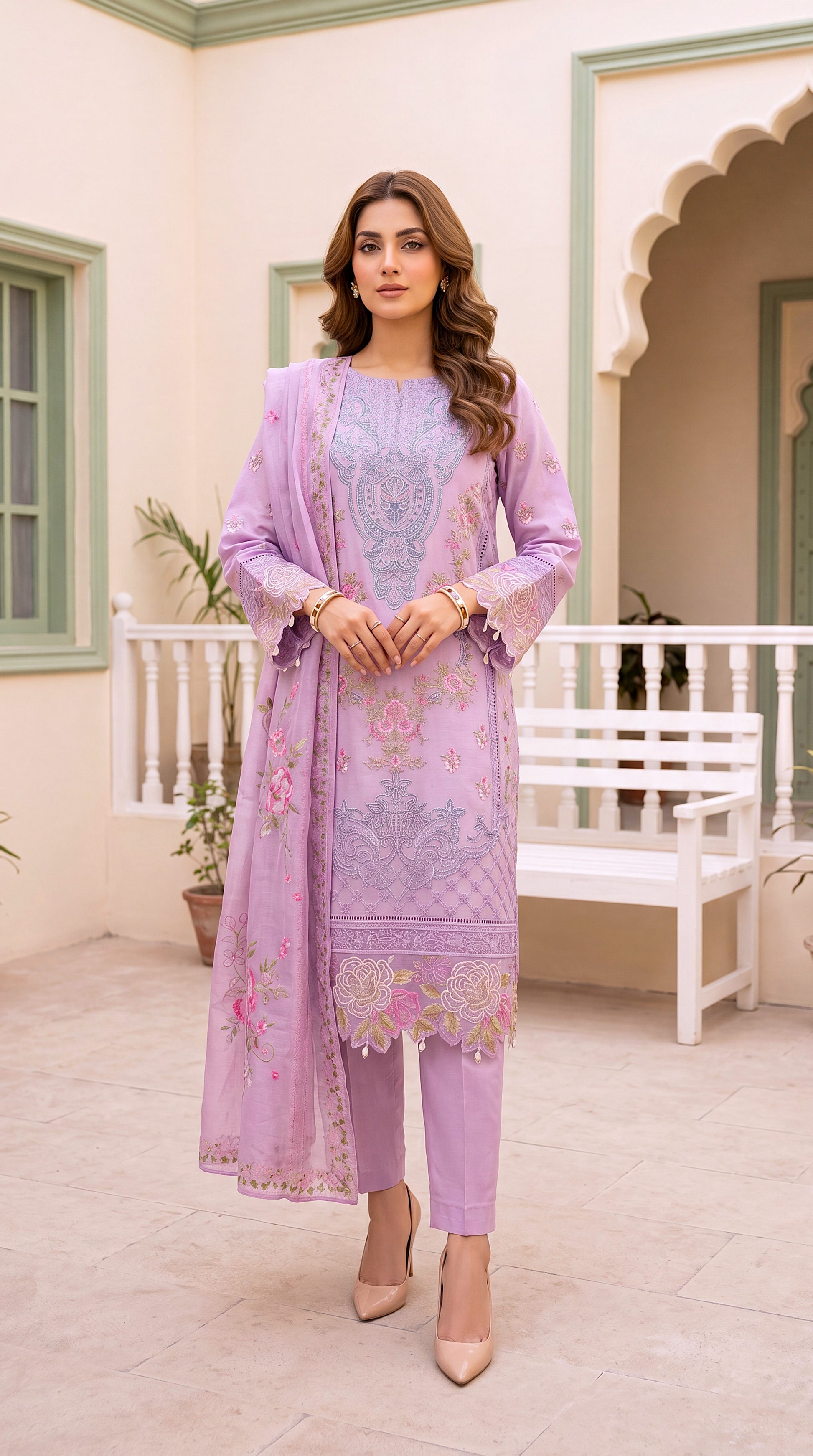 Women's Pearl White Kurta PE01103 | Minimal Embroidered Borders & Clean Finish | 2 Piece | Premium Cotton PURPLE / SML