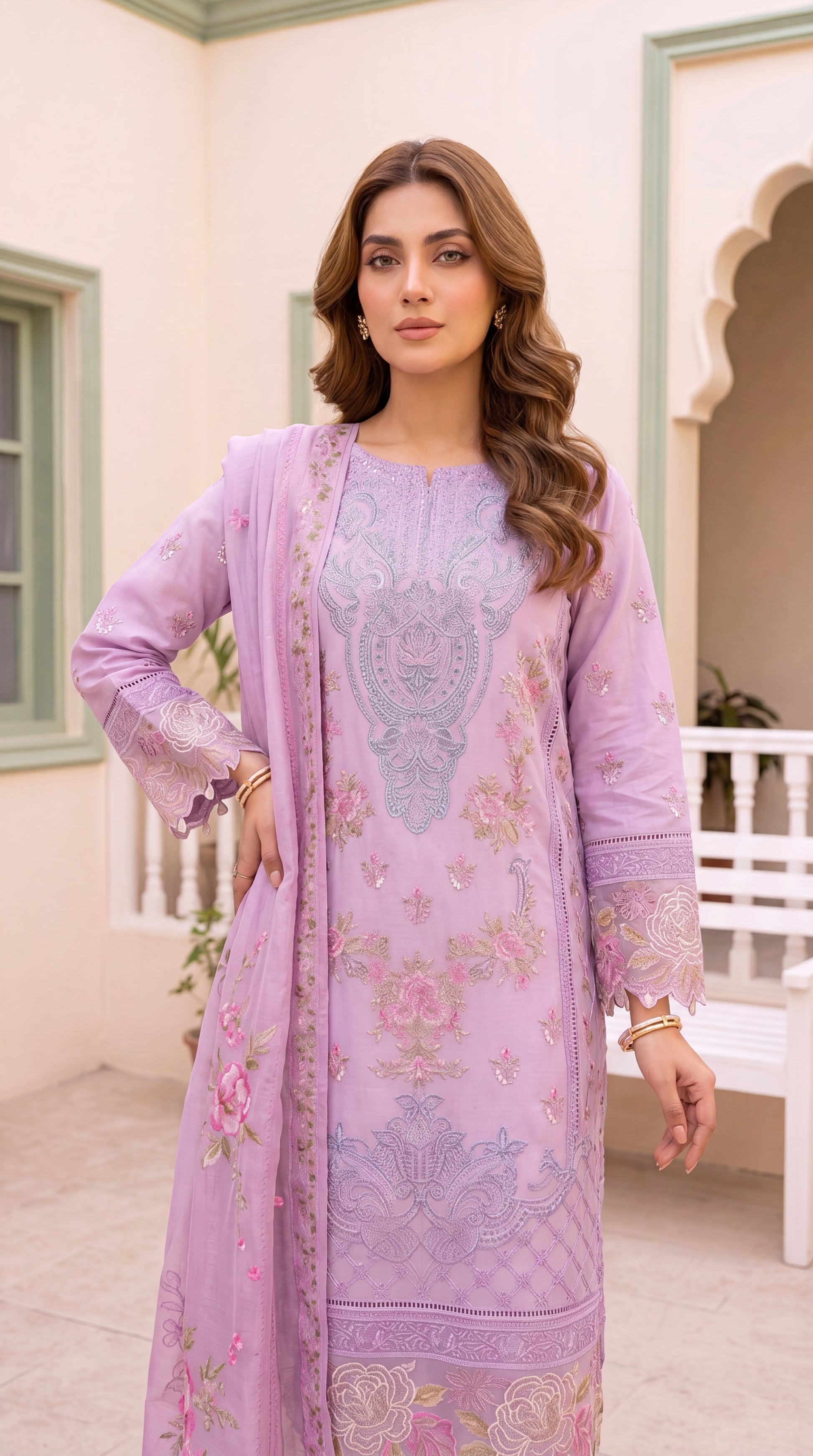 Women's Pearl White Kurta PE01103 | Minimal Embroidered Borders & Clean Finish | 2 Piece | Premium Cotton PURPLE / SML