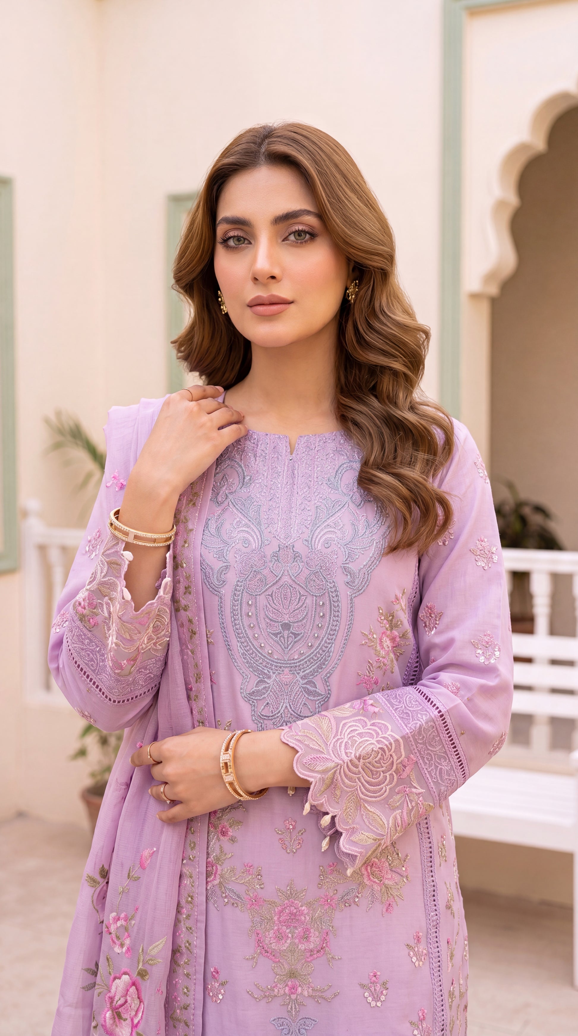 Women's Pearl White Kurta PE01103 | Minimal Embroidered Borders & Clean Finish | 2 Piece | Premium Cotton PURPLE / SML