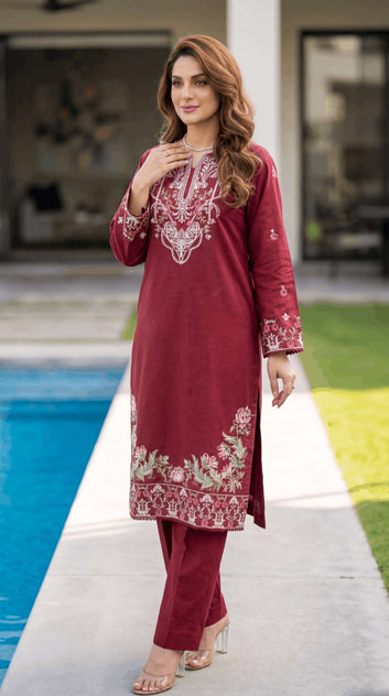 Ladies  Suit PE01105 – Maroon Embroidered 3 Piece Soft Cotton