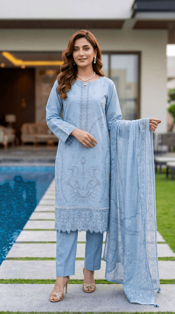 Ladies  Suit PE01106 – Sky Blue Ethnic Embroidered 3 Piece Cotton