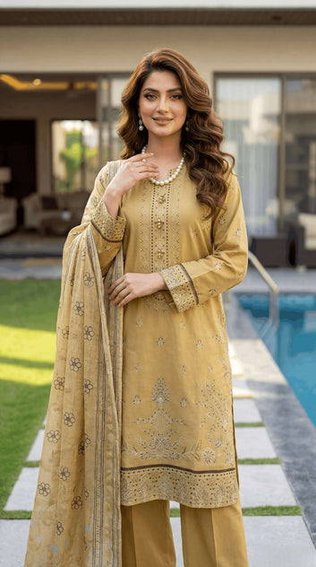 Ladies  Suit PE01107 – Mustard Ethnic Embroidered 3 Piece Cotton