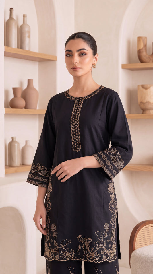 Embroidered Kurta Set PE01111 Floral Embroidery 2 Piece Soft Texture BLACK / SML