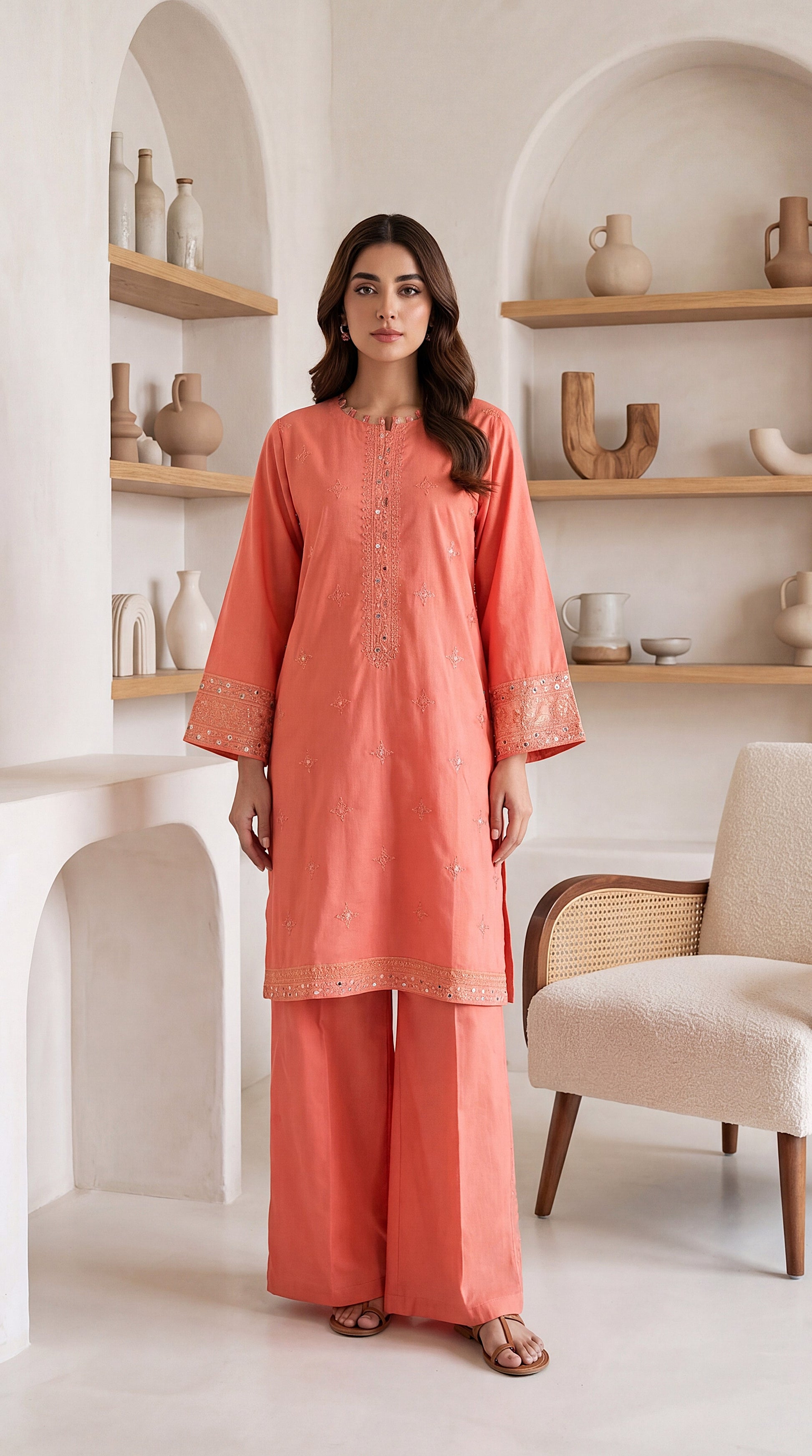 Kurta Set  PE01116 Delicate Embroidery & Mirror Work  2 Piece PINK / SML