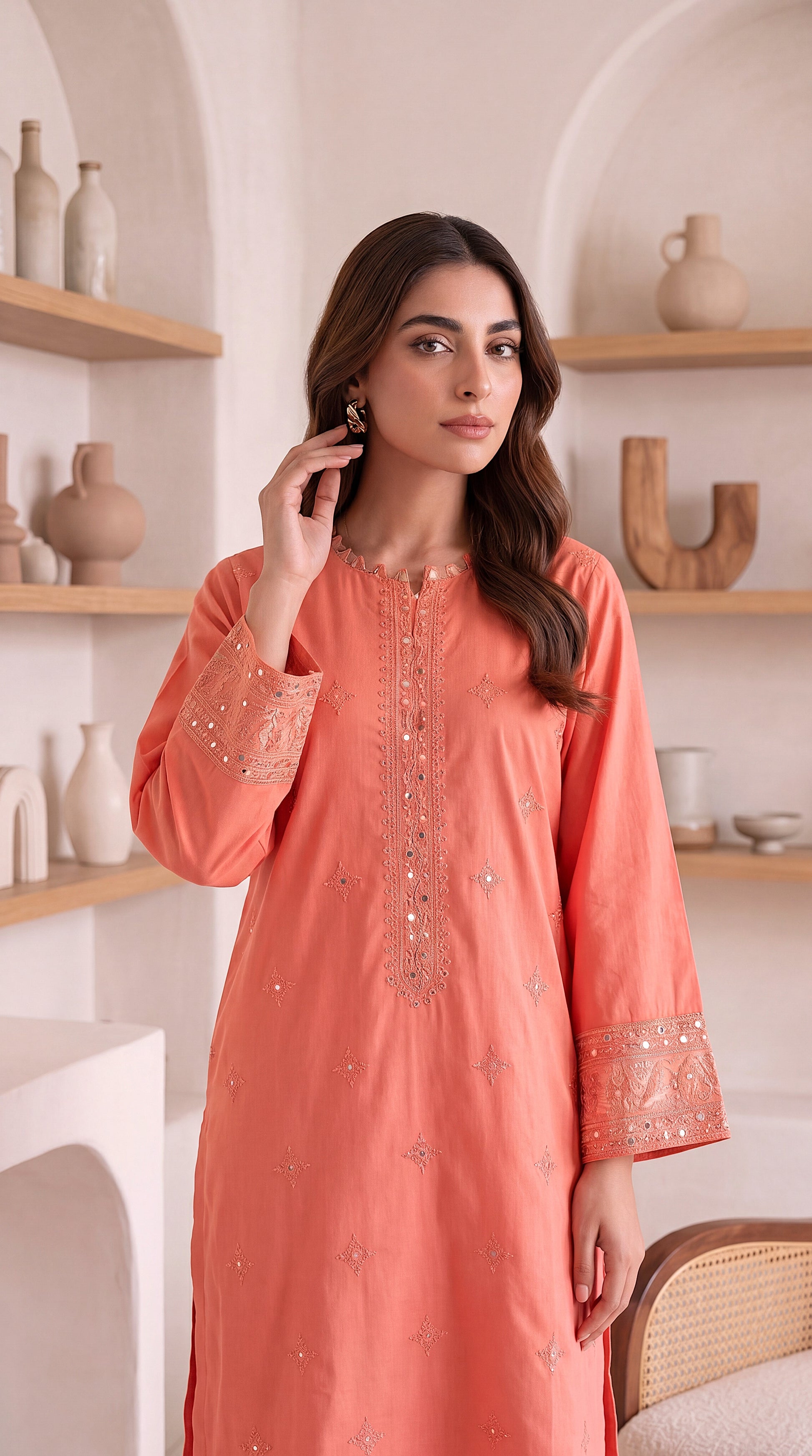 Kurta Set  PE01116 Delicate Embroidery & Mirror Work  2 Piece PINK / SML