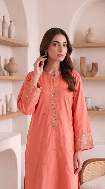 Kurta Set  PE01116 Delicate Embroidery & Mirror Work  2 Piece PINK / SML