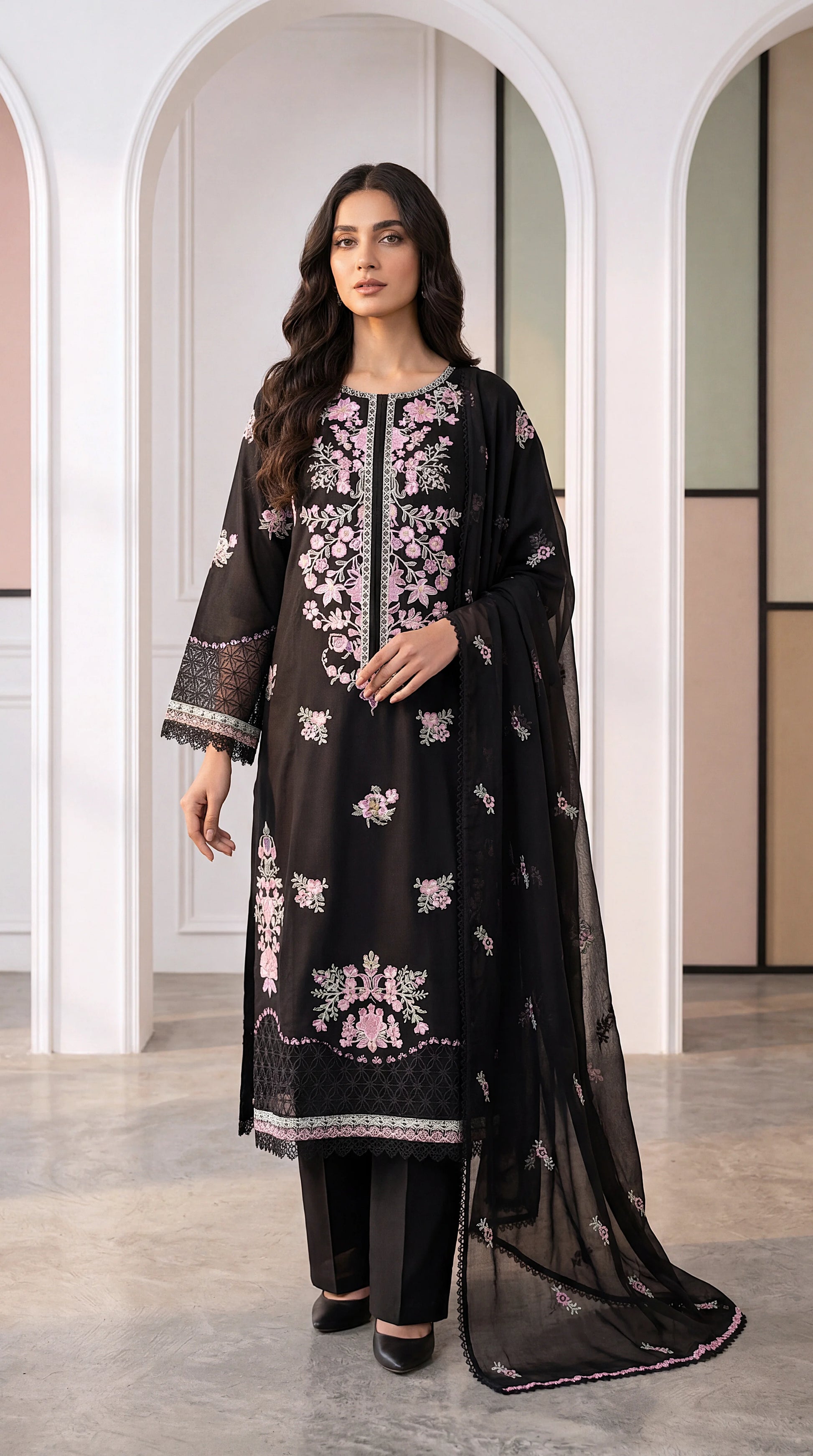 Embroidered Lawn Suit  PE01119  Floral Embroidery & Embroidered Dupatta  3 Piece BLACK / SML