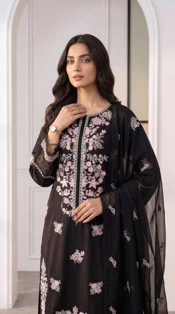 Embroidered Lawn Suit  PE01119  Floral Embroidery & Embroidered Dupatta  3 Piece BLACK / SML