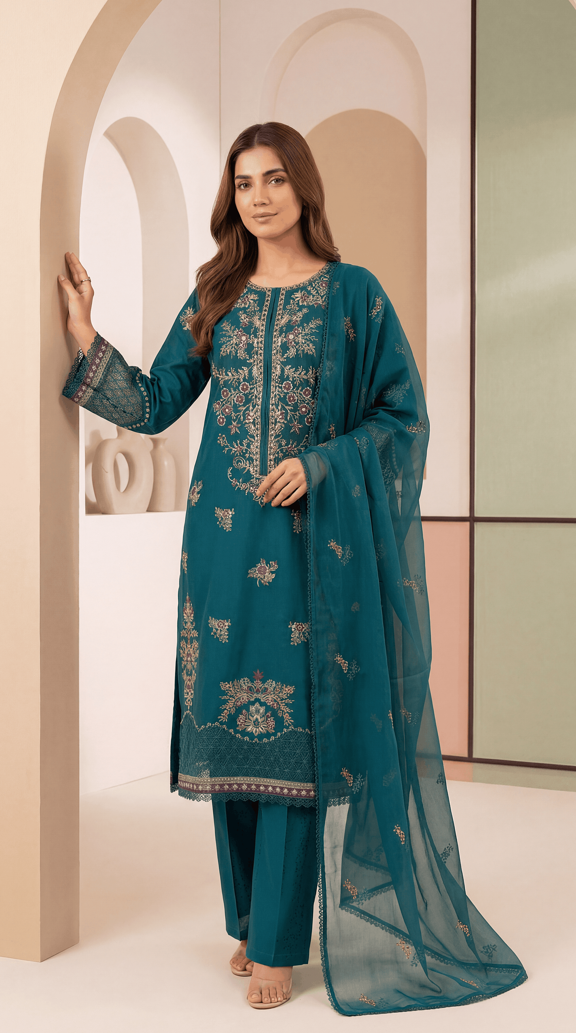 Embroidered Lawn Suit  PE01119  Floral Embroidery & Embroidered Dupatta  3 Piece FEROOZY / SML