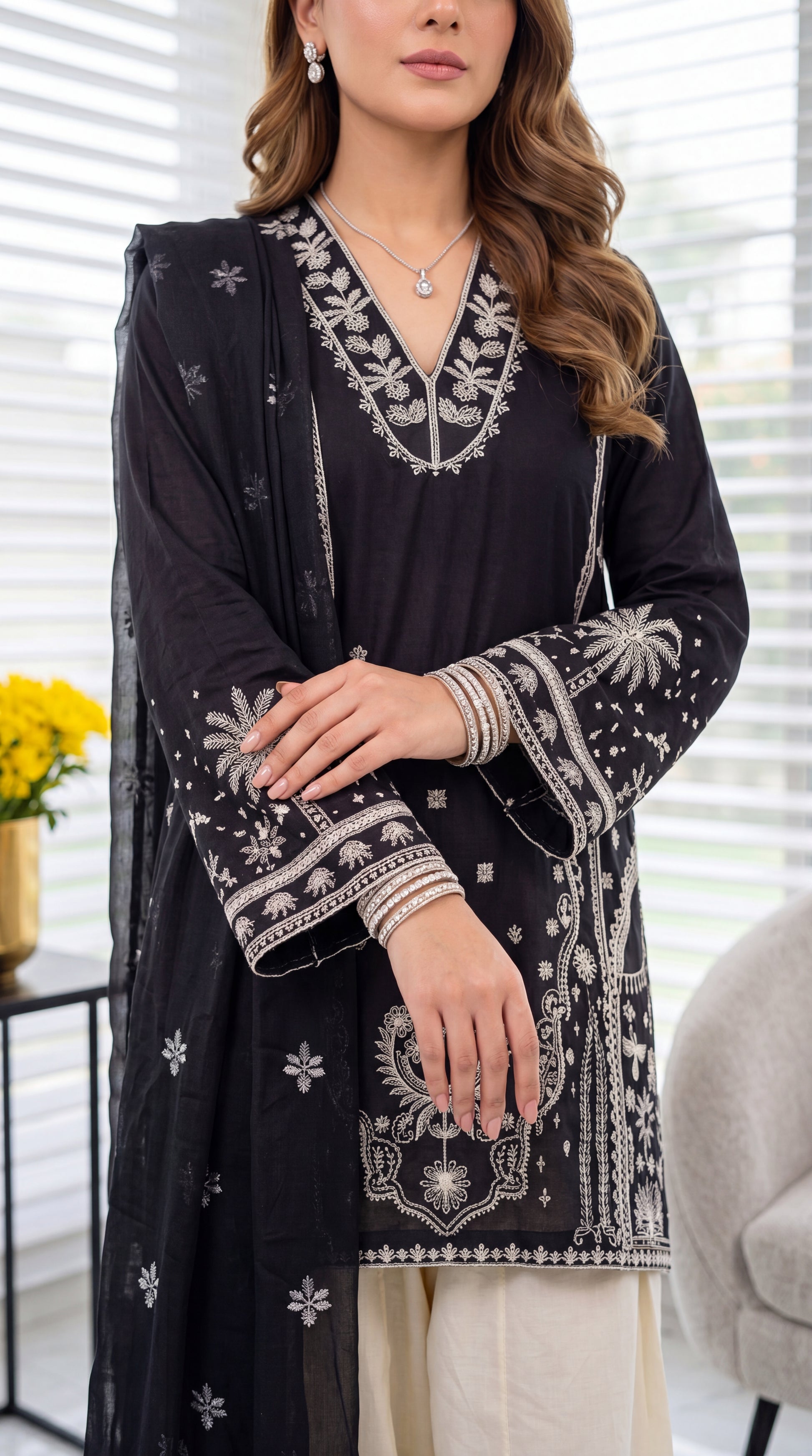 3 Piece Cotton Suit | PE01120 | Black Contrast Embroidered Kurta with Ivory Trouser & Sheer Dupatta | Cotton BLACK / SML