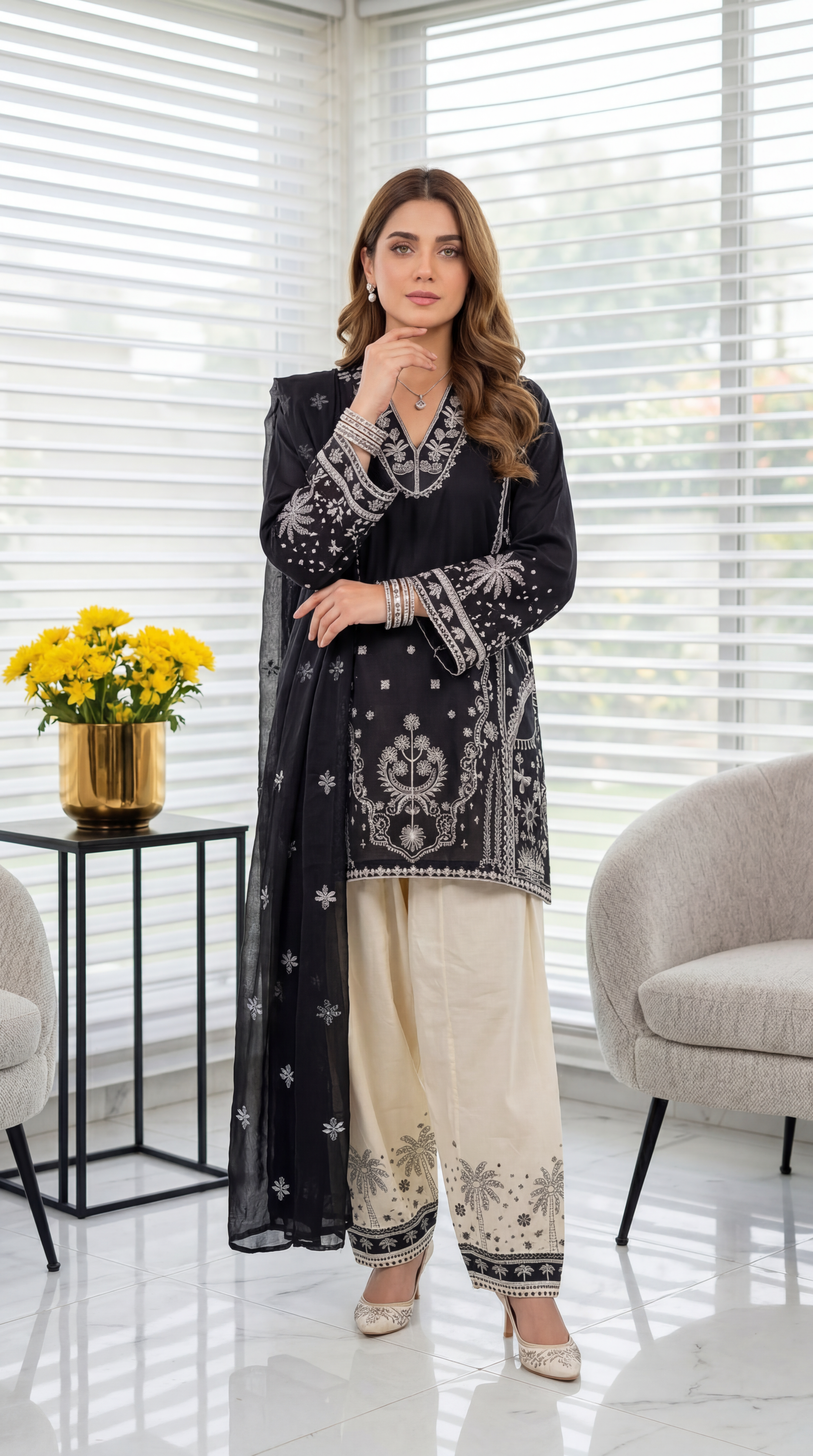 3 Piece Cotton Suit | PE01120 | Black Contrast Embroidered Kurta with Ivory Trouser & Sheer Dupatta | Cotton BLACK / SML