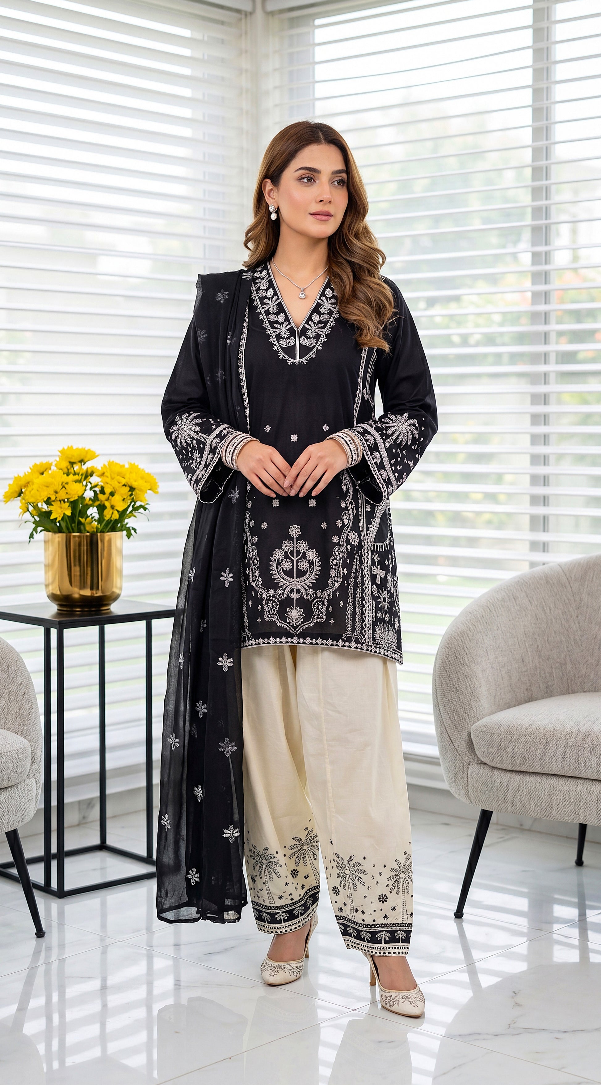 3 Piece Cotton Suit | PE01120 | Black Contrast Embroidered Kurta with Ivory Trouser & Sheer Dupatta | Cotton BLACK / SML