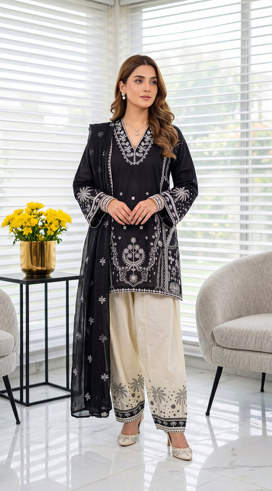 3 Piece Cotton Suit | PE01120 | Black Contrast Embroidered Kurta with Ivory Trouser & Sheer Dupatta | Cotton BLACK / SML